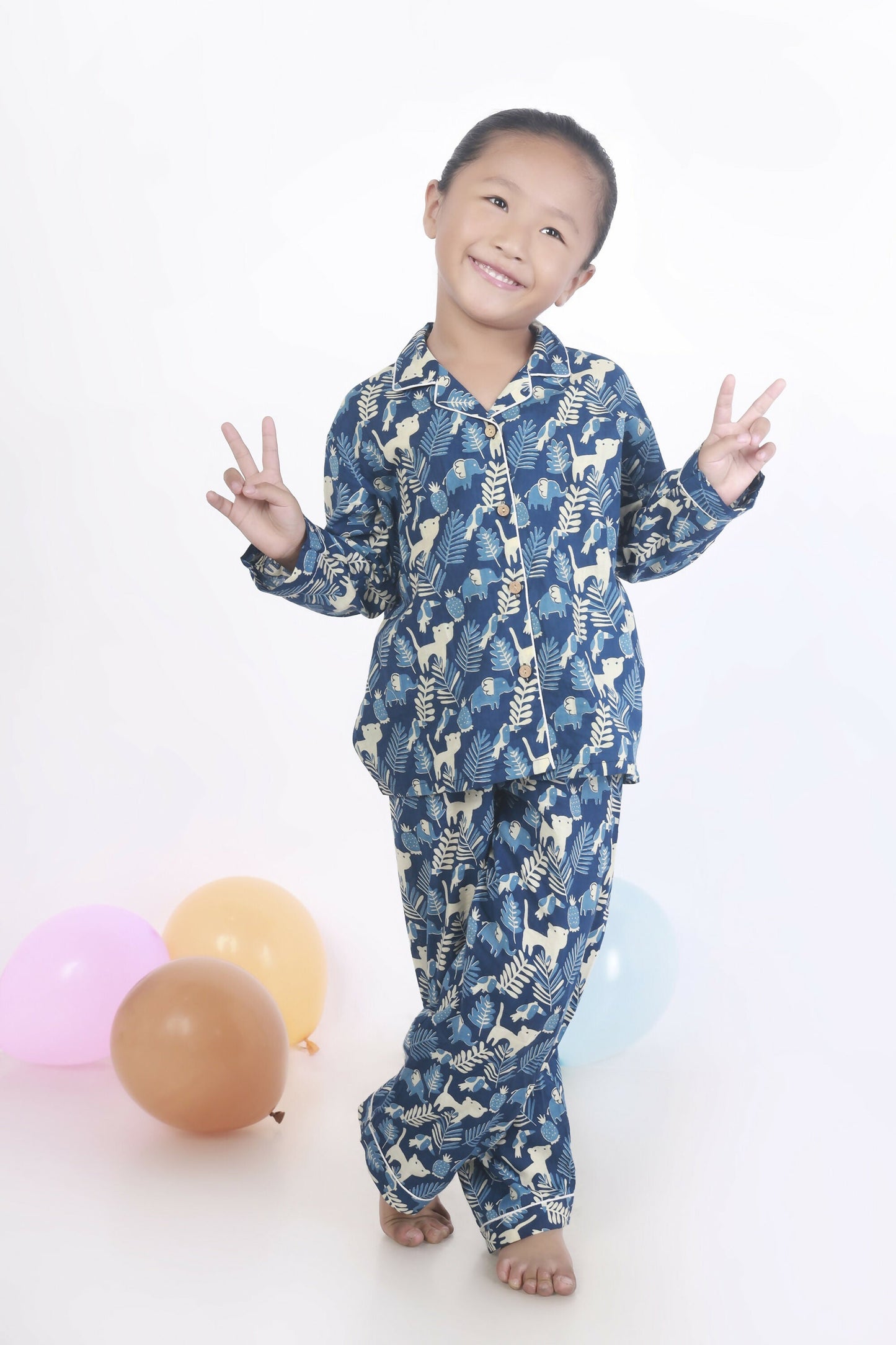 Breathables Kids Cotton Night Suit – Blue Jungle Print Shirt & Pyjama Co-Ord Set For Boys & Girls