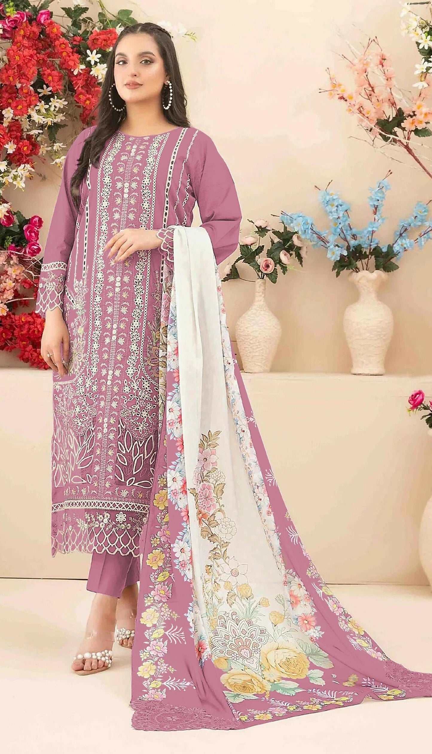 Anaita Pink Cambric Cotton Suit with Embroidery & Khatli Work