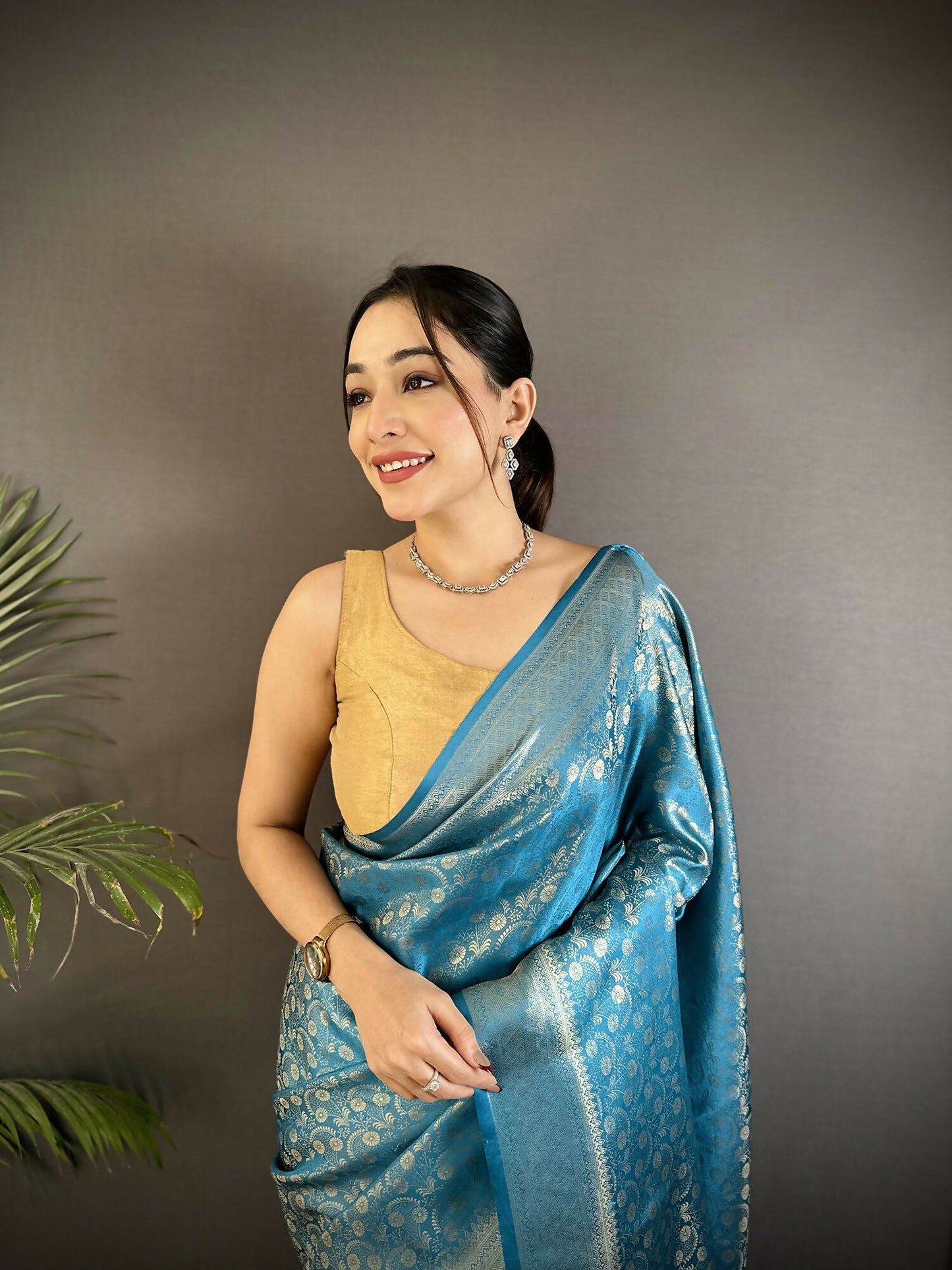 Joban Fashion Aqua Blue Floral & Paisley Motifs Soft Satin Silk Banarasi Saree
