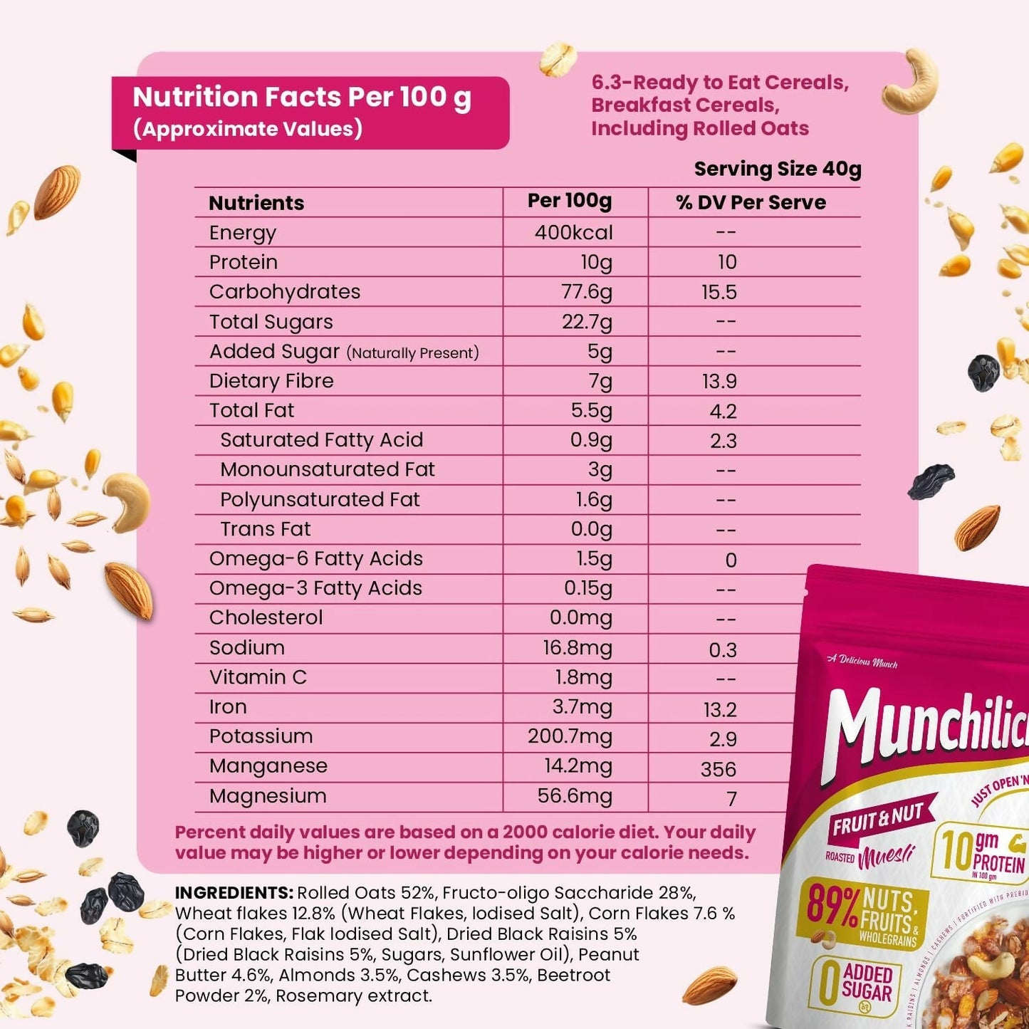 Munchilicious Muesli - Fruit & Nut, 75% Nuts, Grains, Seeds, Fruits & Berries