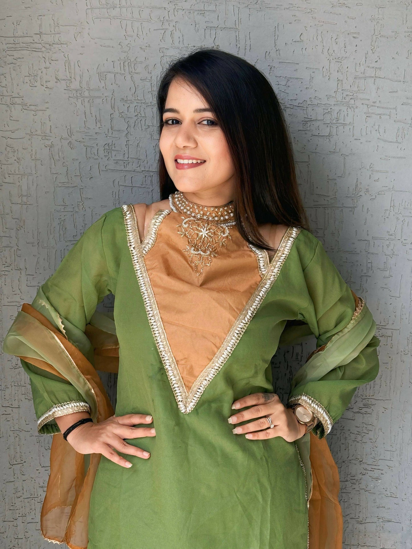 Anaita Parrot-Green Roman Shimmer Readymade Kurti Set with Designer Handwork