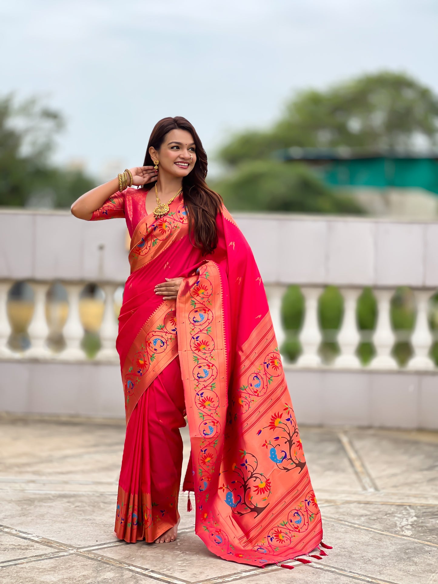 Mameraa Sarees Pink Green Faux Banarasi Silk Saree With Paithani Rich Weaved Pallu And Blouse-Pink