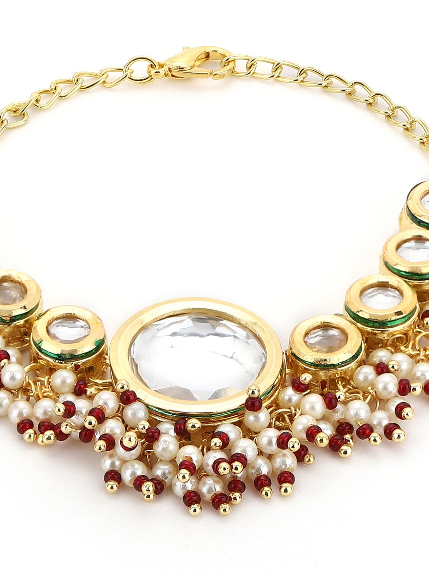 Women's Gold-Toned White Brass Kundan Gold-Polished Wraparound Bracelet - Ruby Raang