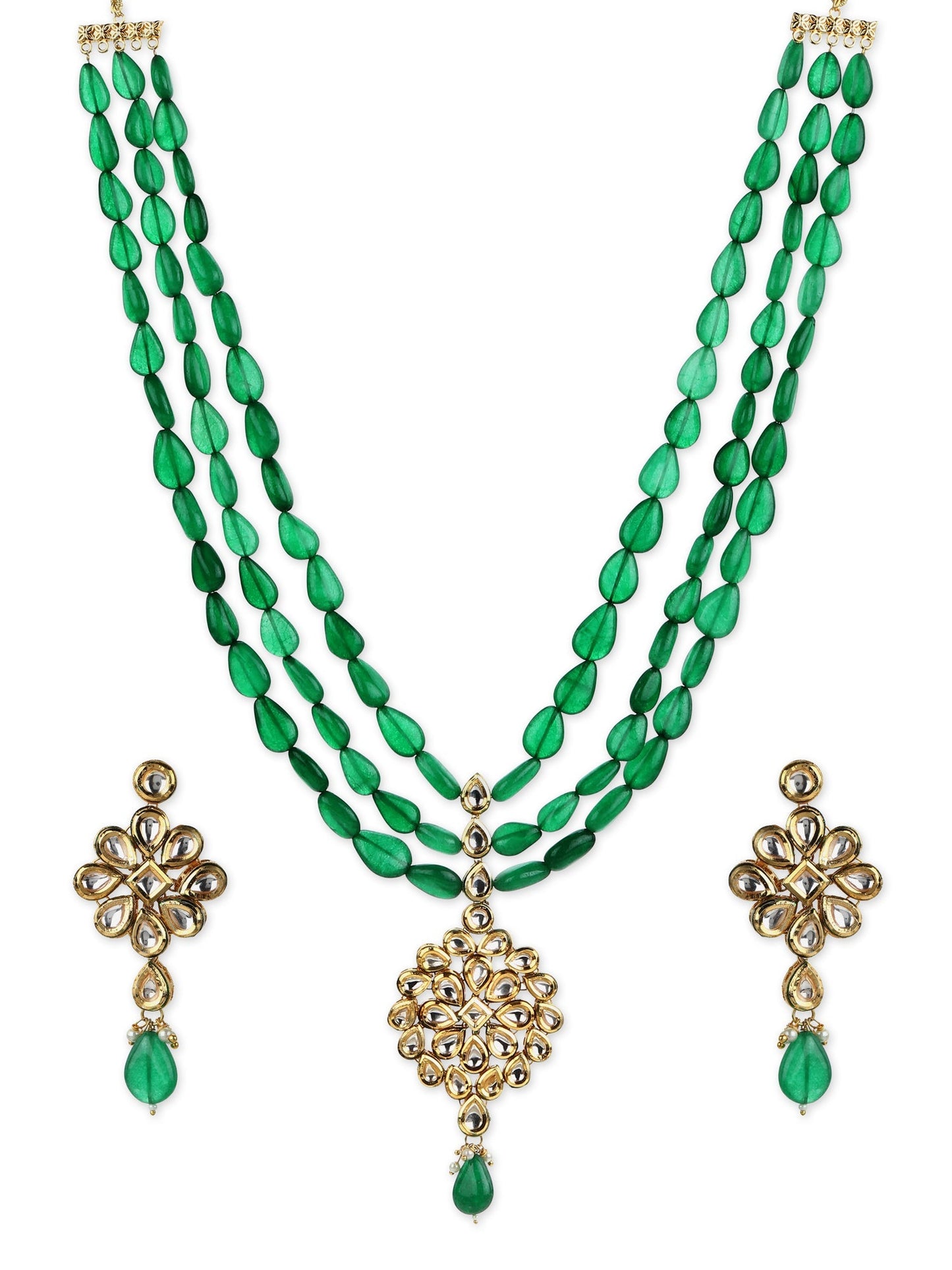 Green Gold-Polished Long Kundan Jewellery Set - Ruby Raang