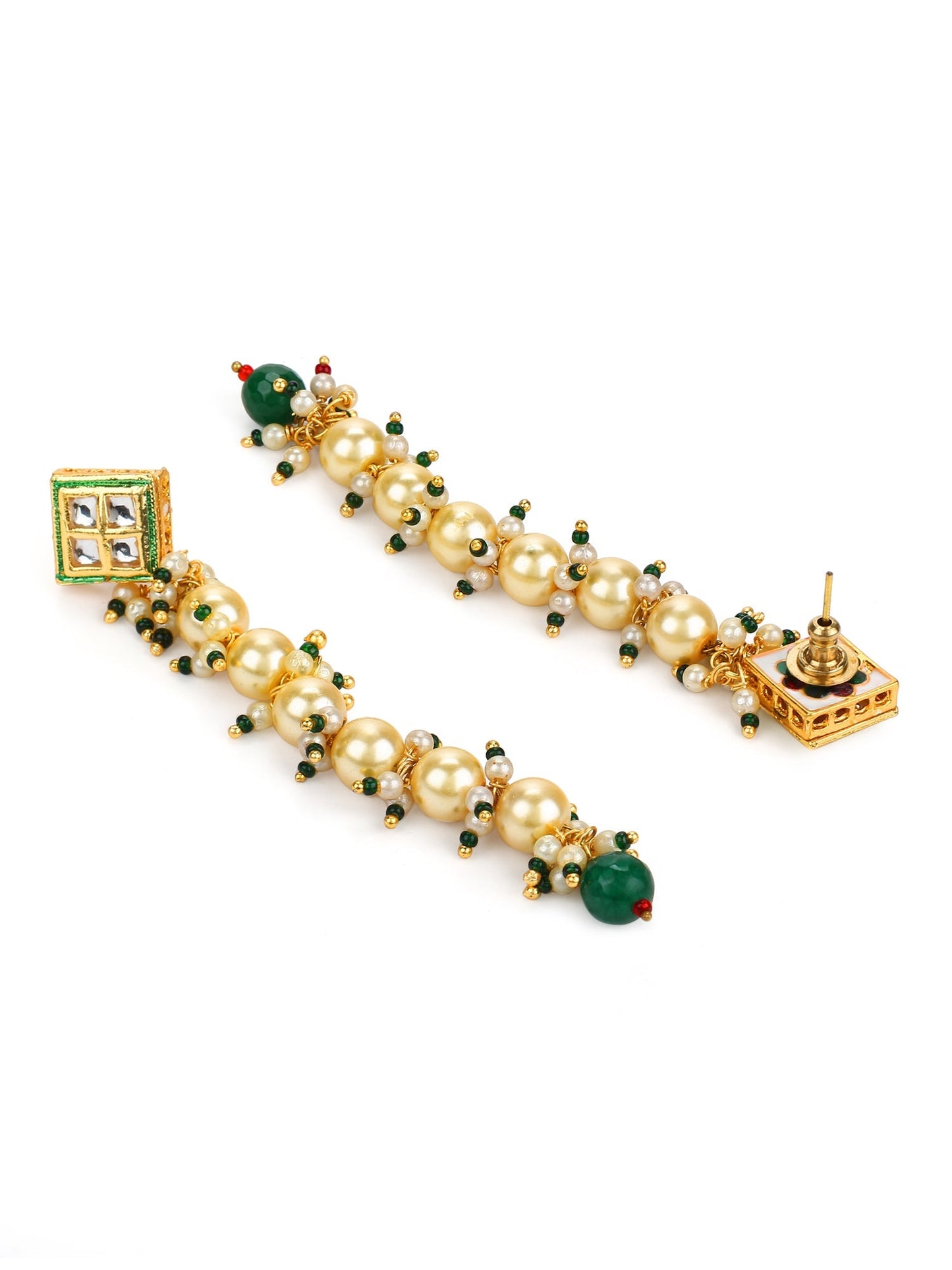 Cream-Coloured Green Gold-Polished Kundan Studded Contemporary Drop Earrings - Ruby Raang