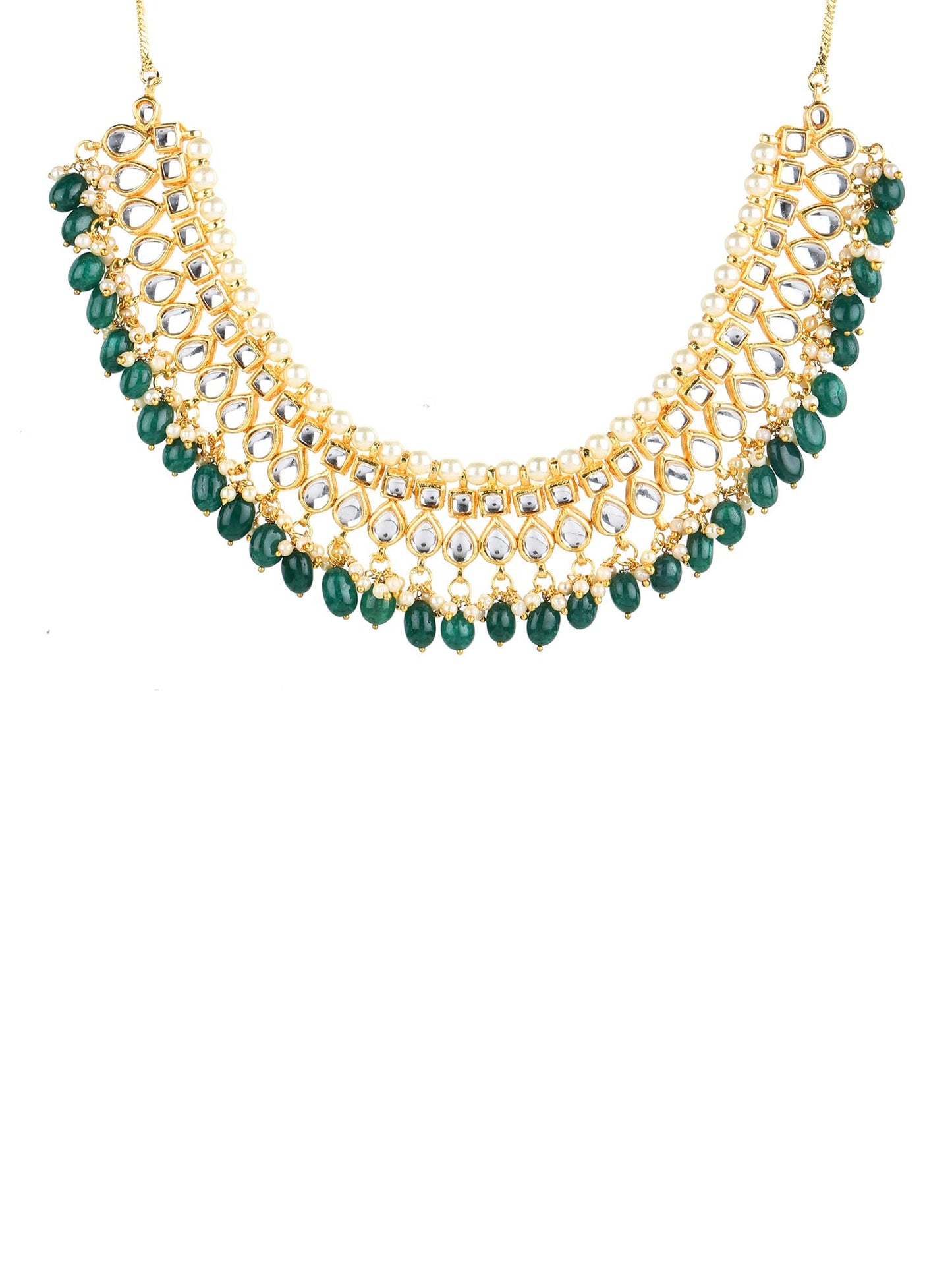 Gold-Polished Green Kundan Studded Brass Necklace - Ruby Raang
