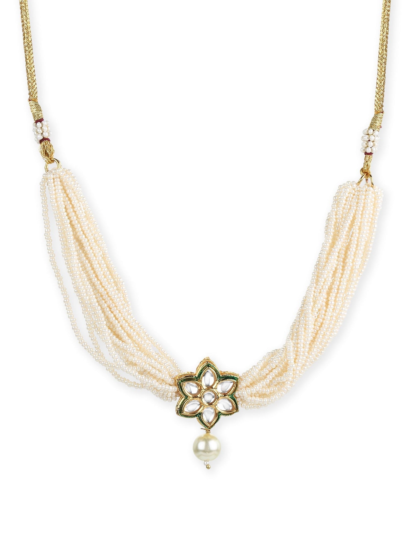 Gold-Polished White Green Brass Kundan Pearls Choker Necklace - Ruby Raang