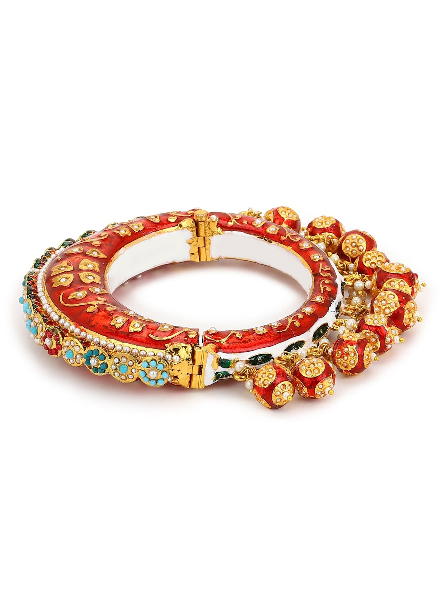 Gold-Polished Red Stone Studded Meenakari Bangle - Ruby Raang
