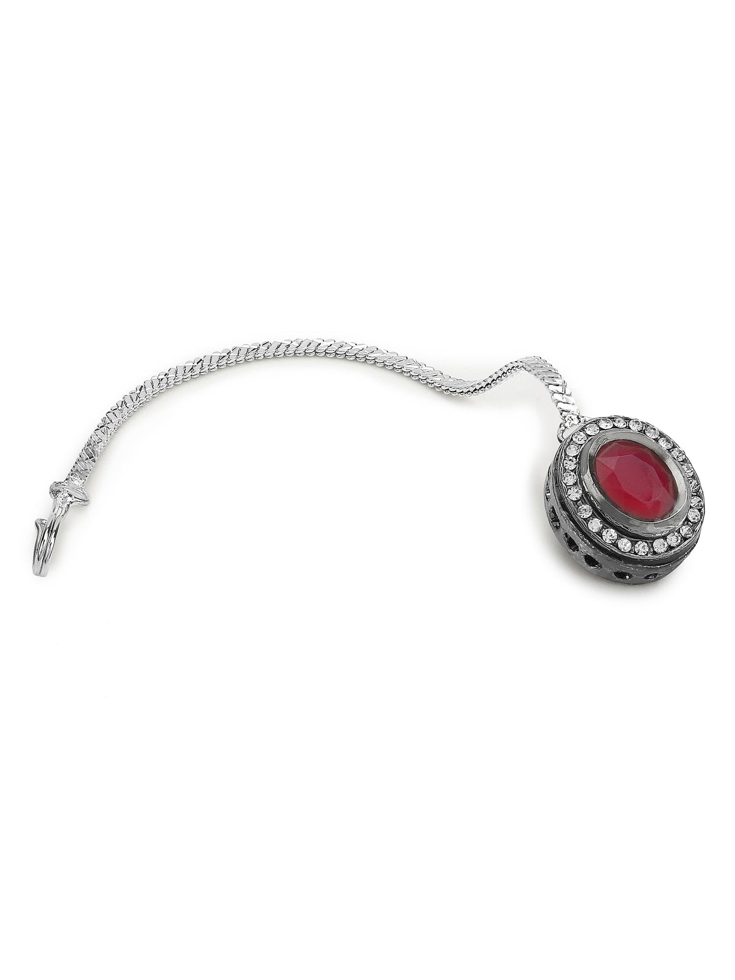 Gold-Polished Maroon White Kundan Stone -Studded Maang Tikka - Ruby Raang
