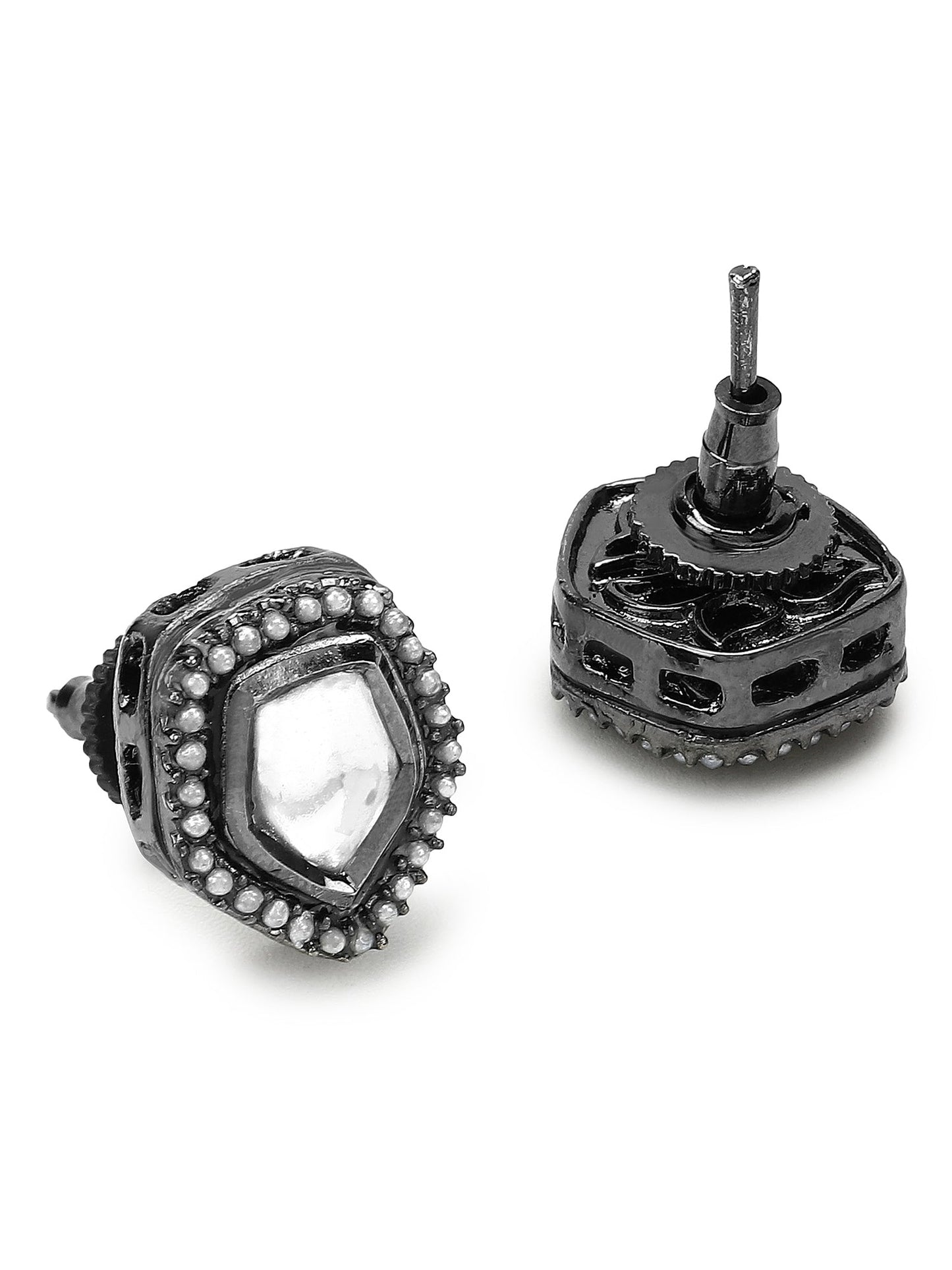 Silver-Plated Geometric Kundan Studs Earrings - Ruby Raang