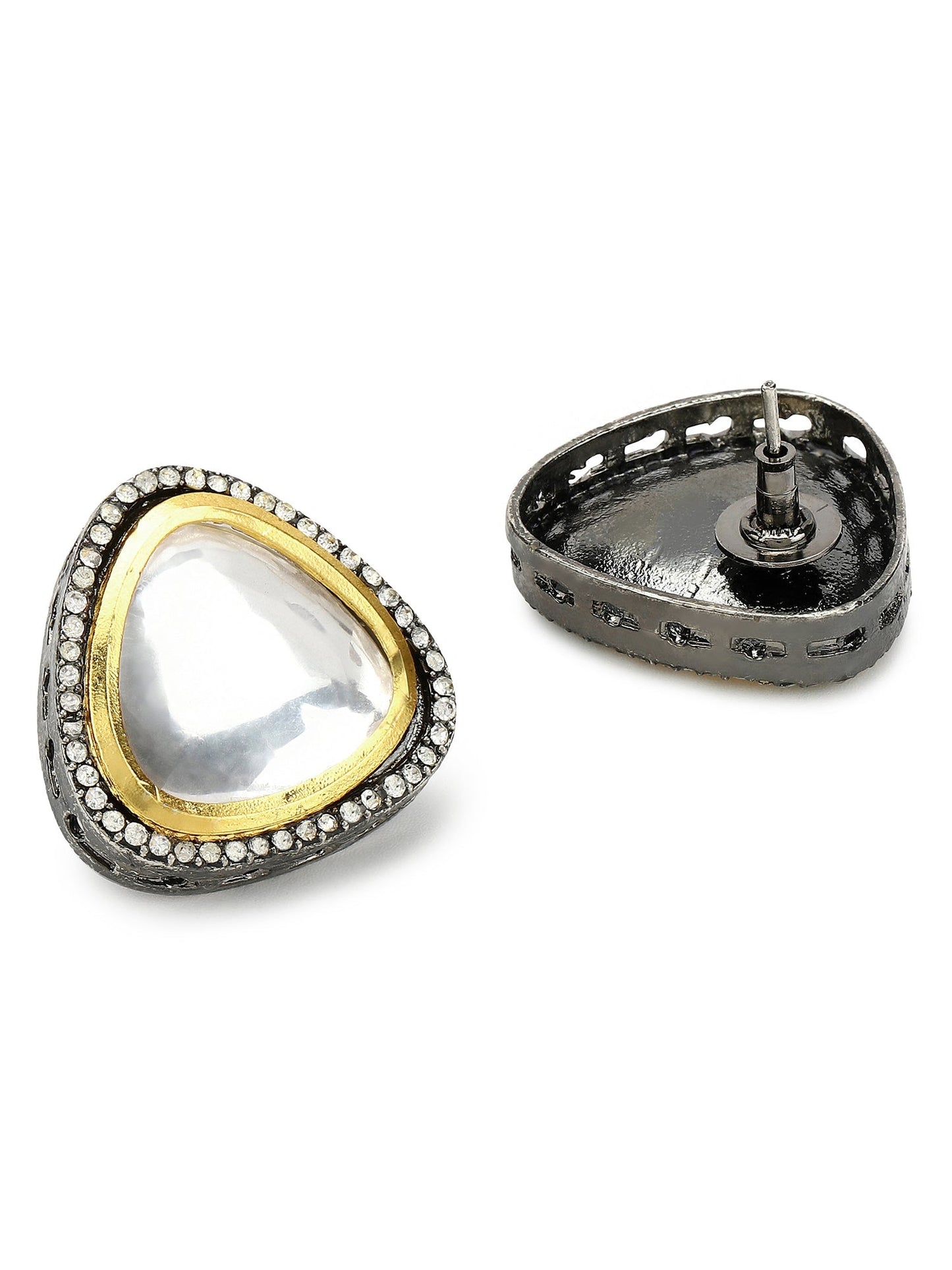 Silver-Plated Triangular Kundan Studded Studs Earrings - Ruby Raang