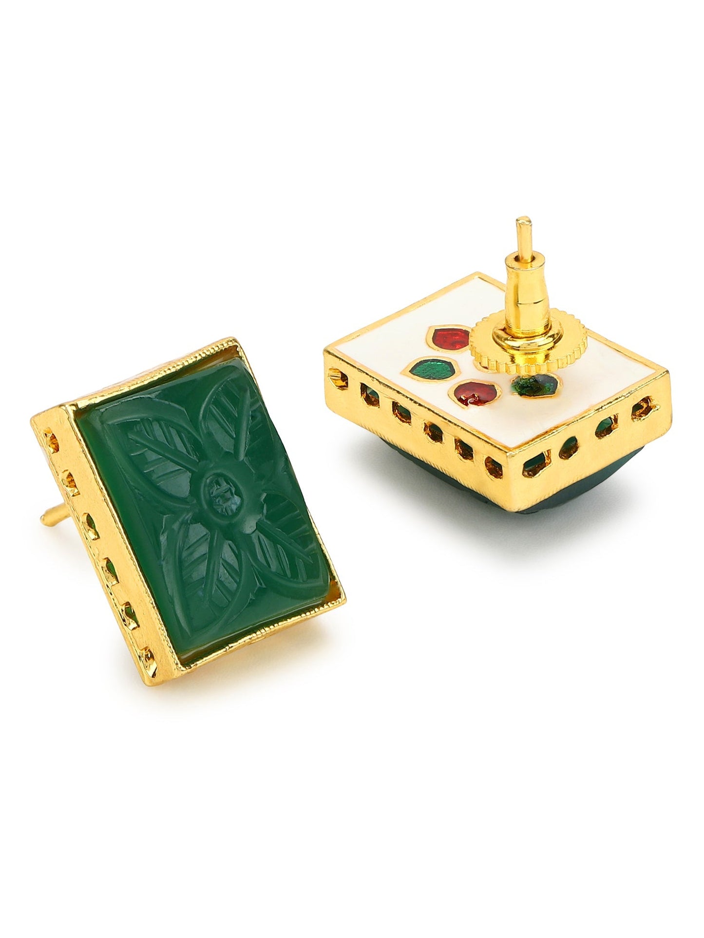 Green Square Studs Earrings - Ruby Raang