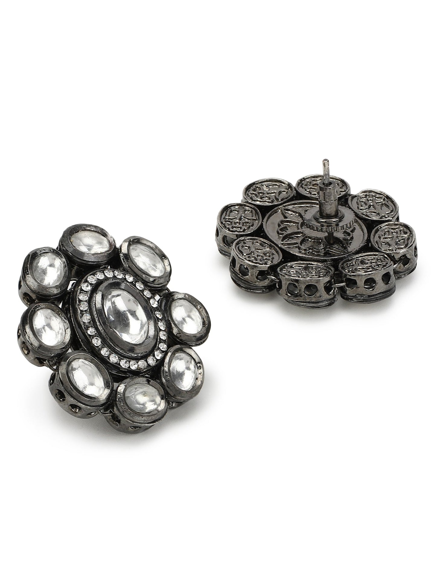 Black Silver-Plated Circular Kundan Studs Earrings - Ruby Raang