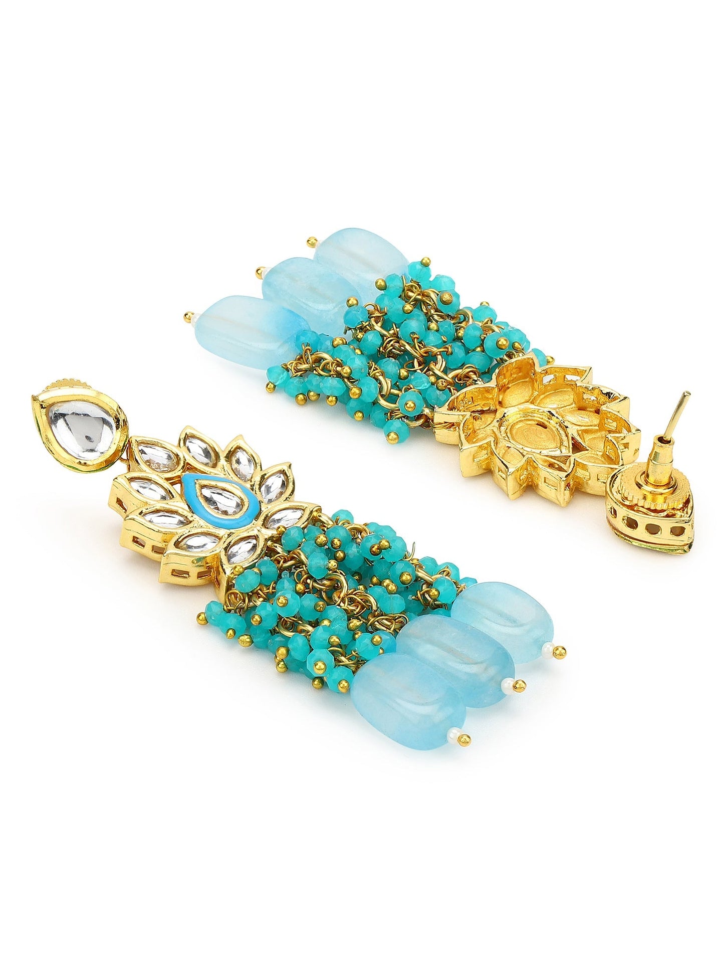 Gold-Polished Turquoise Blue Kundan Studded Classic Drop Earrings - Ruby Raang
