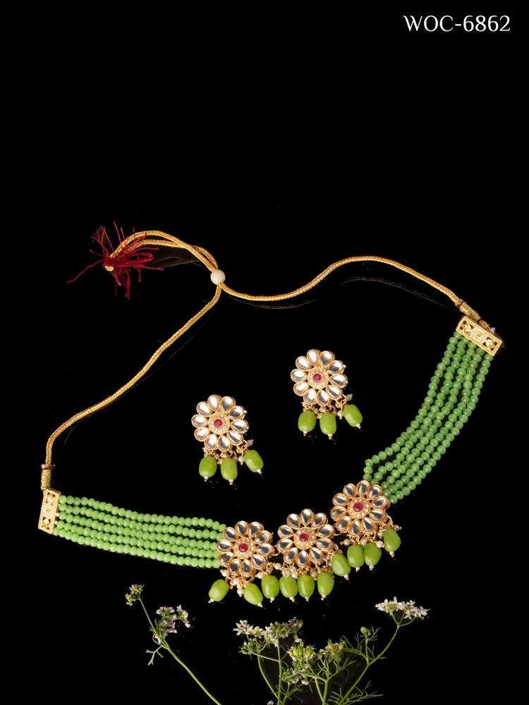 Mominos Fashion Johar Kamal Women's Pista Beads Pearls Gold-Polished Jewellery Set