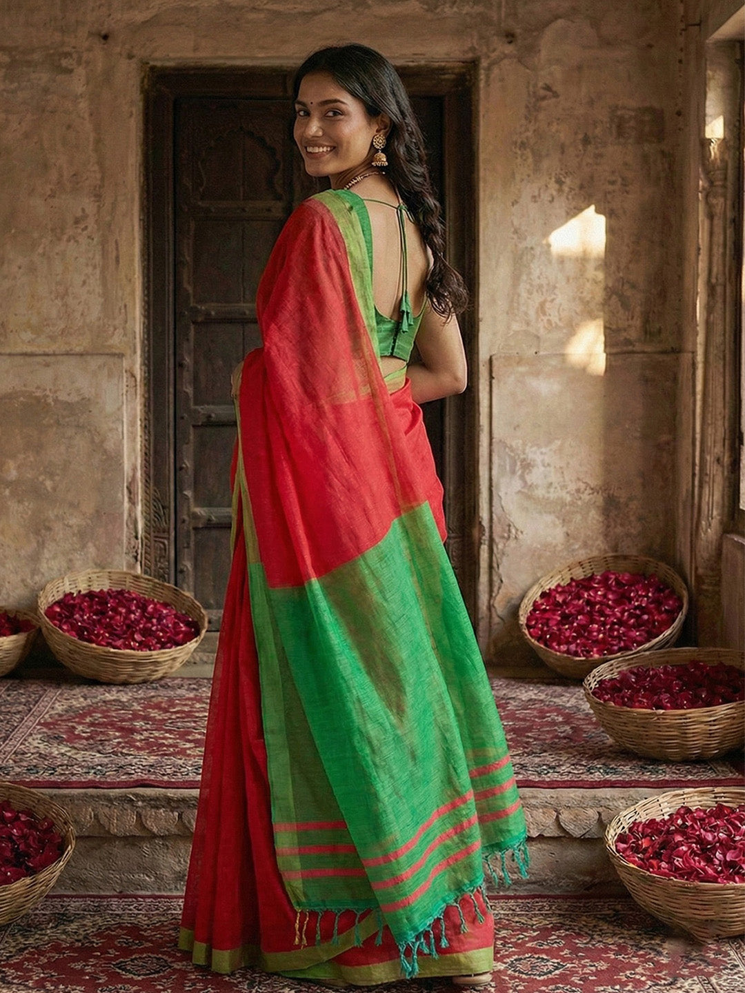 Anaita Red Cotton Printed Saree With Blouse