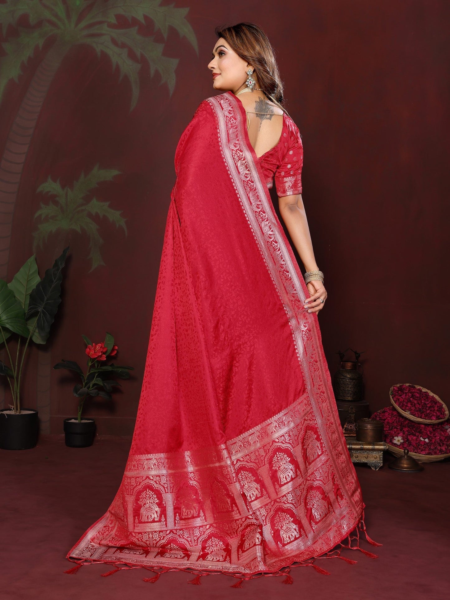 Anaita Red Zari Weaving Work Satin Silk Saree With Blouse