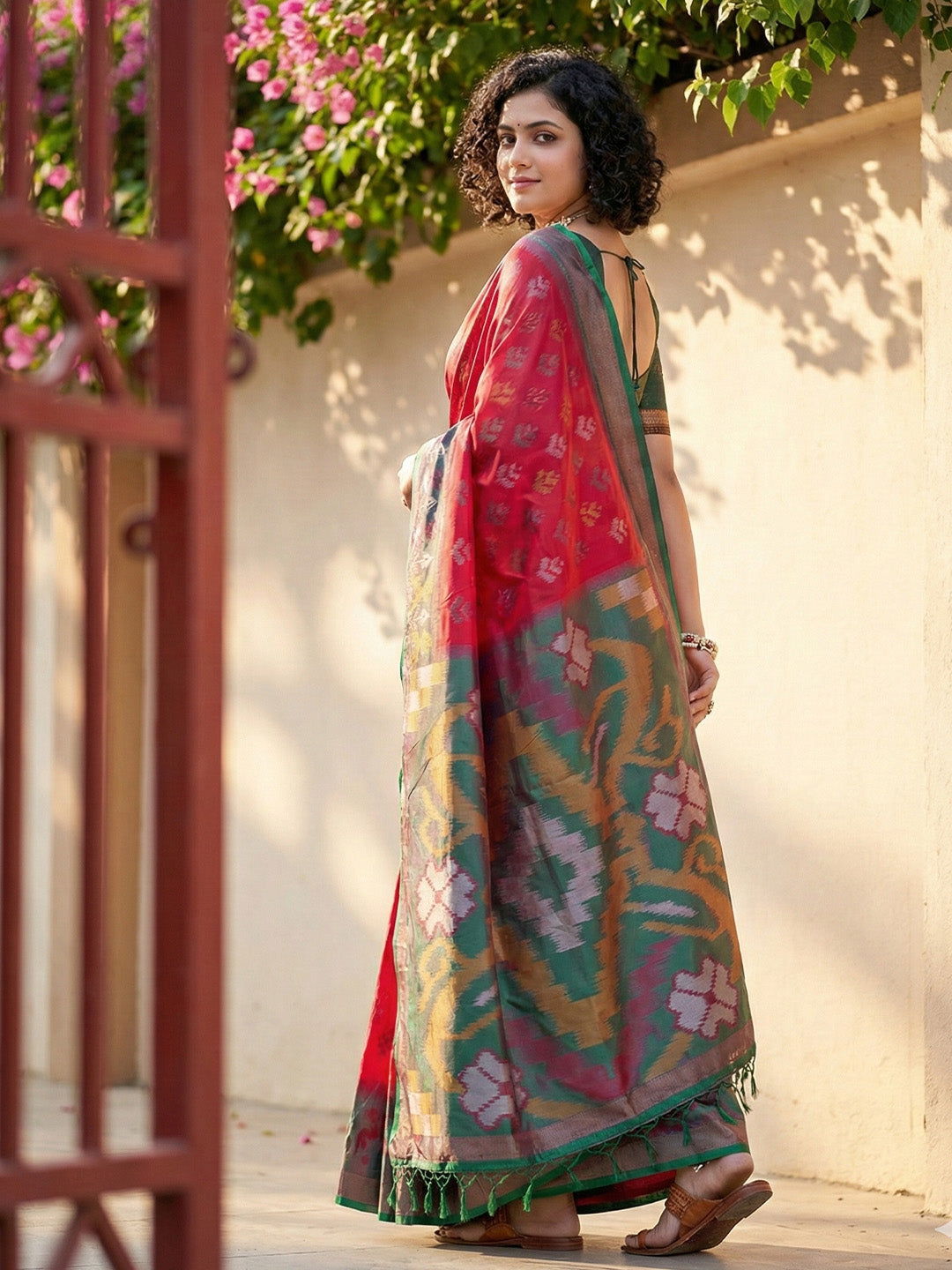 Anaita Red Pochampally Printed Saree With Blouse