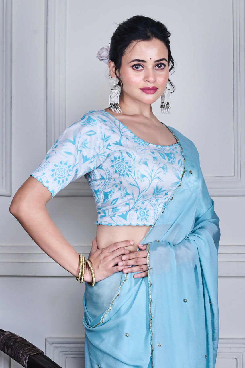 Morchari Blue Chiffon Hand Embroidery Saree And Stitched Blouse