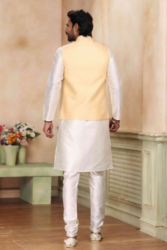 Raivat Ethnic Jacquard Banarasi Silk Woven Work 3 Pics Jacket Set In Yellow Colour