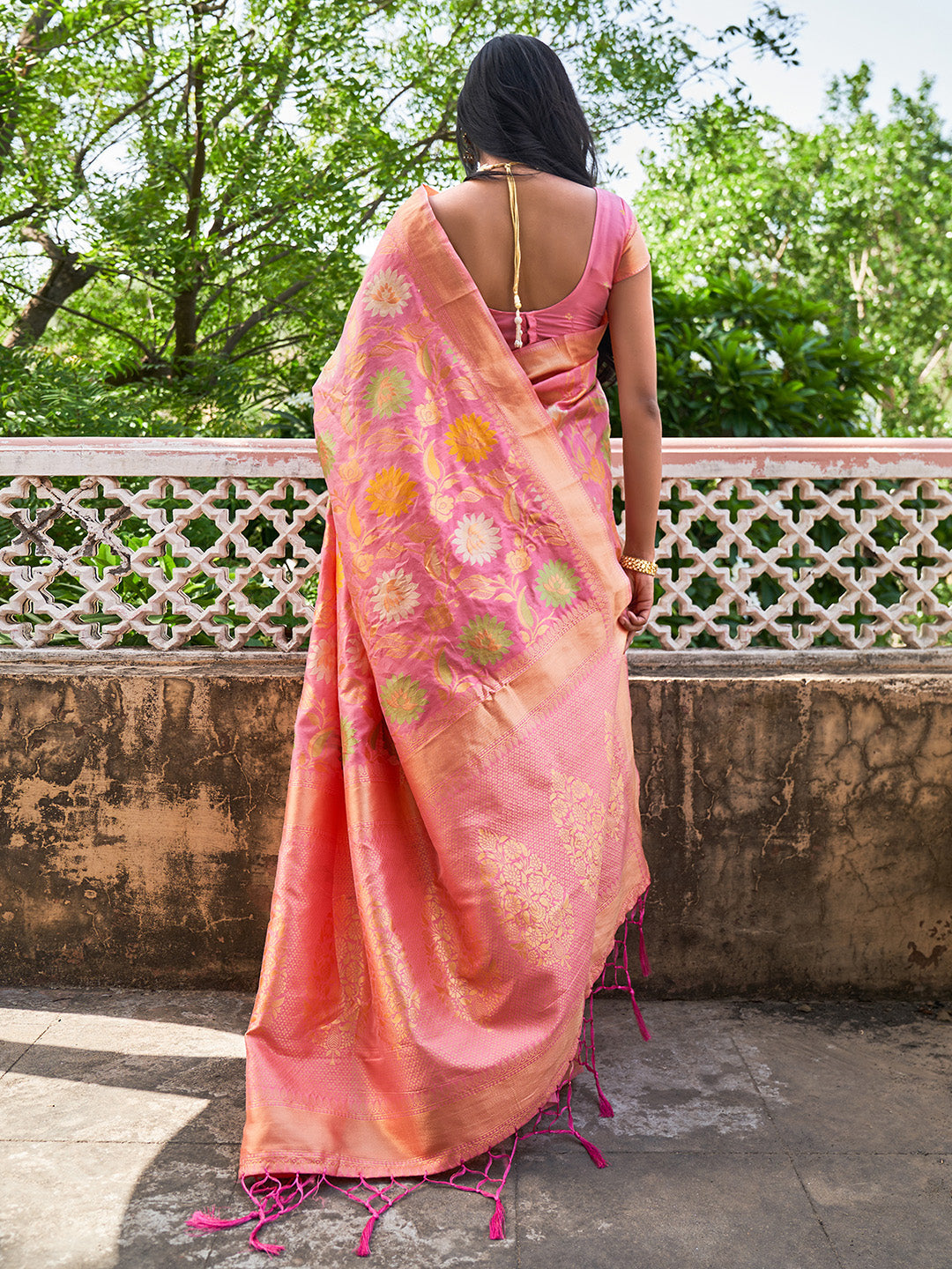 Janasya Light Pink Banarasi Silk Woven Floral Design Banarasi Saree