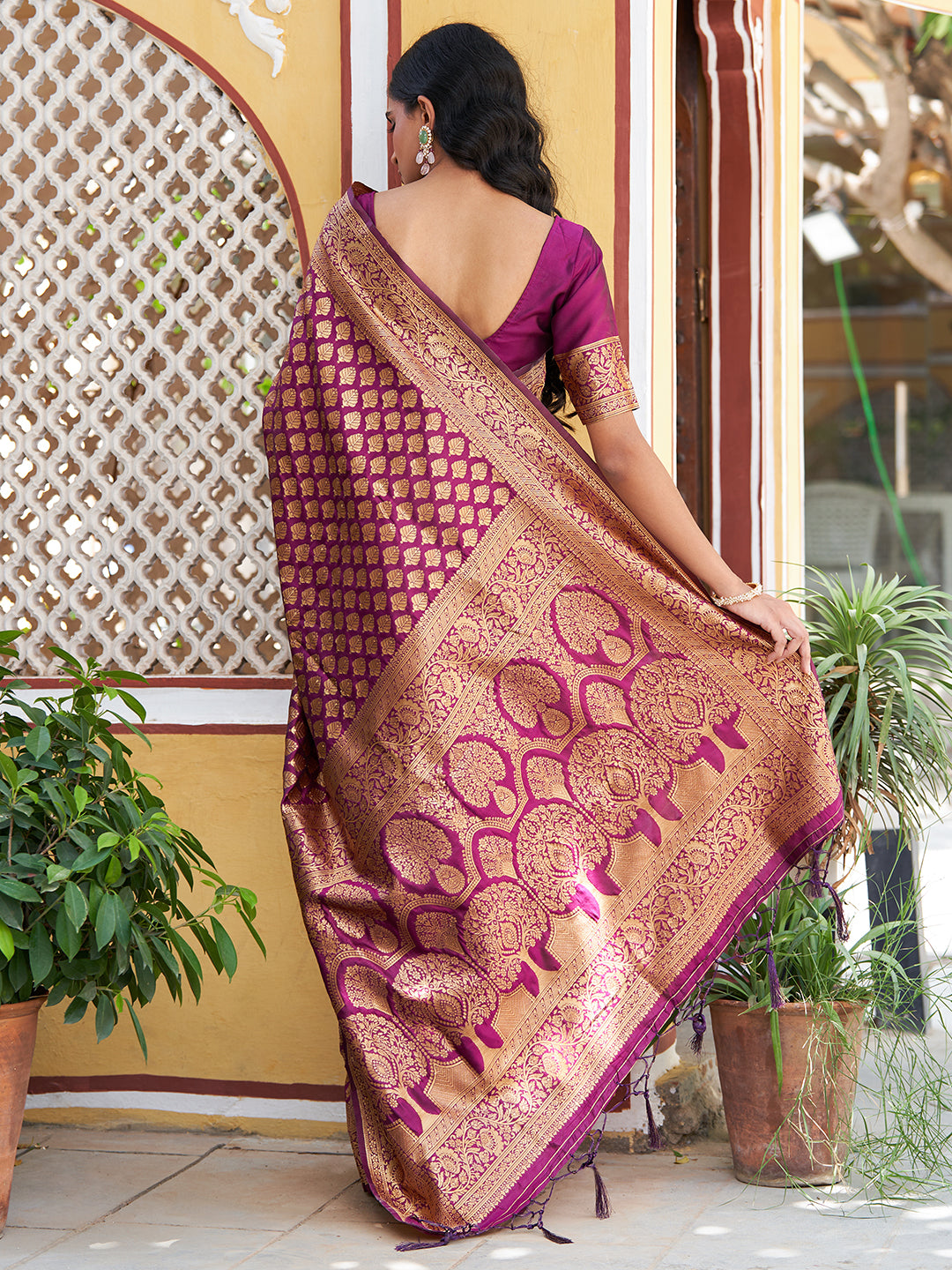 Janasya Wine Banarasi Silk Woven Ethnic Motifs Woven Design Saree