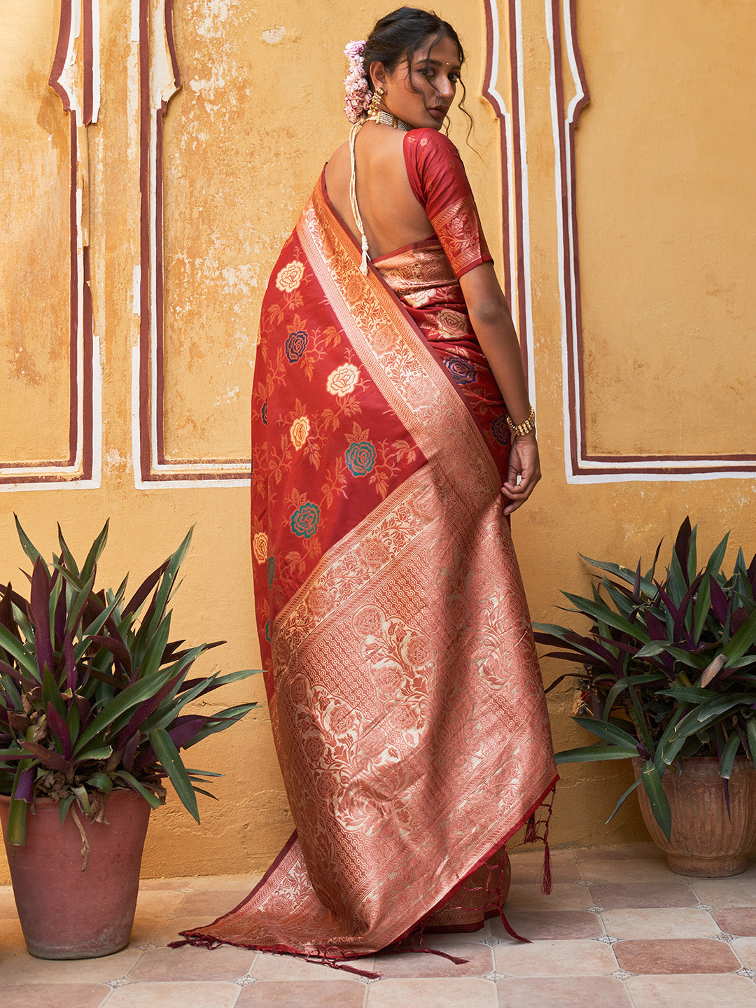 Janasya Red Banarasi Silk Floral Woven Design Saree