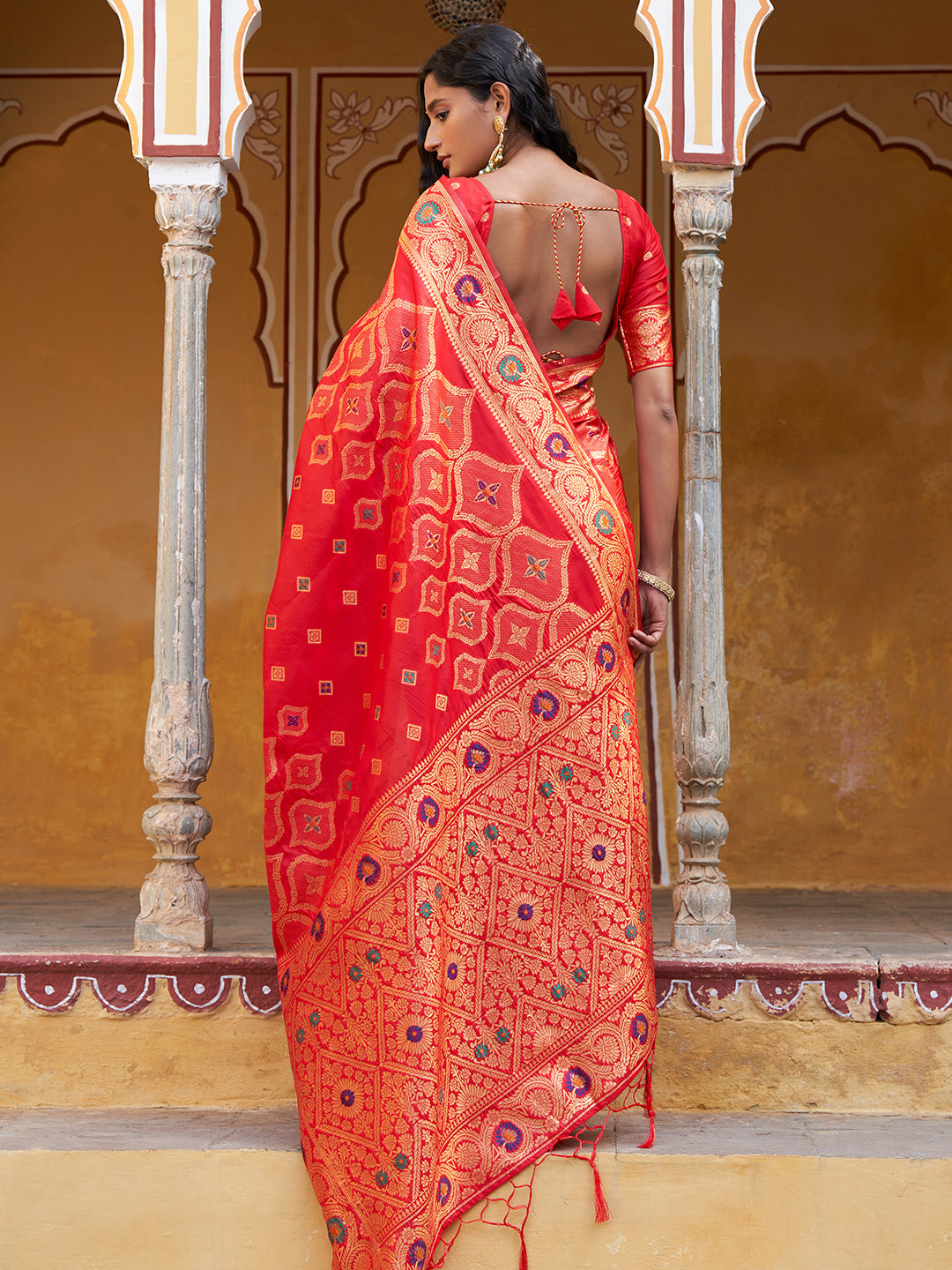 Janasya Red Banarasi Silk Ethnic Motifs Woven Design Saree