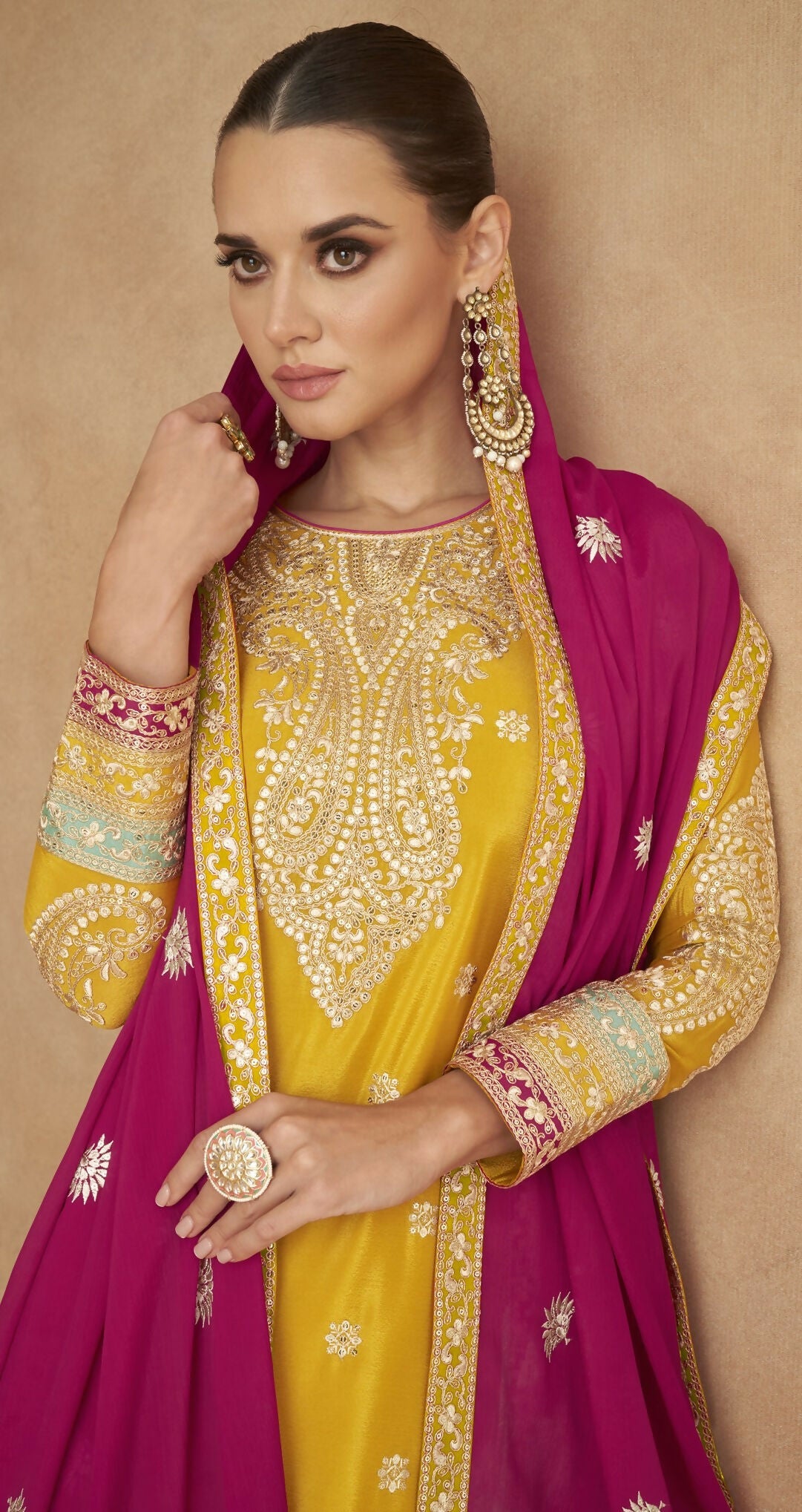 Anaita Yellow Chiffon Suit with Embroidery Coding Sequence Work