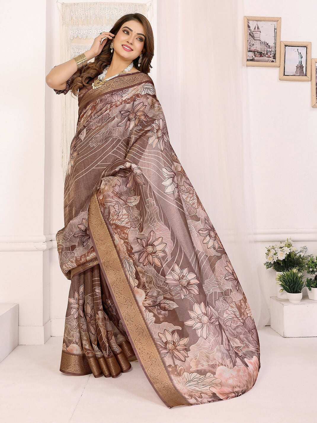 Joban Fashion Brown Floral Print pattern Banarasi Silk Sarees