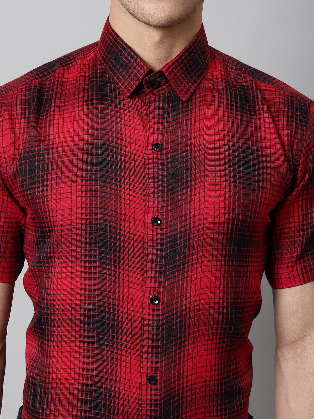 Jainish Men's Red Checks Regular Fit Cotton Formal Shirt