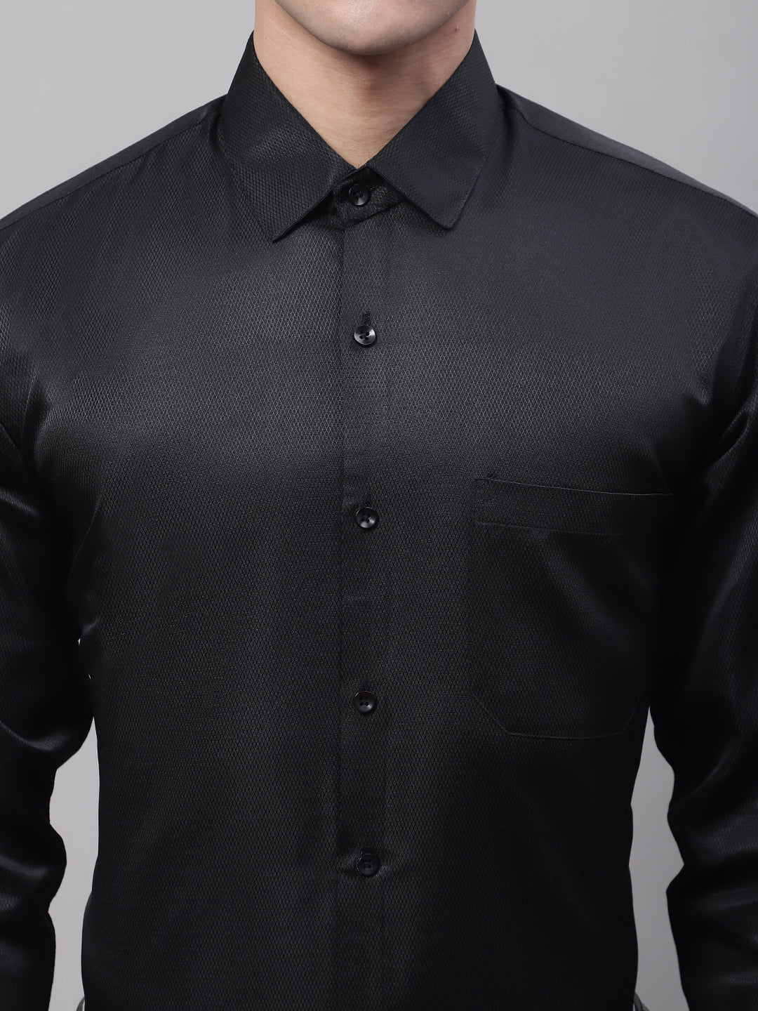 Jainish Men's Black Dobby Textured Formal Shirt