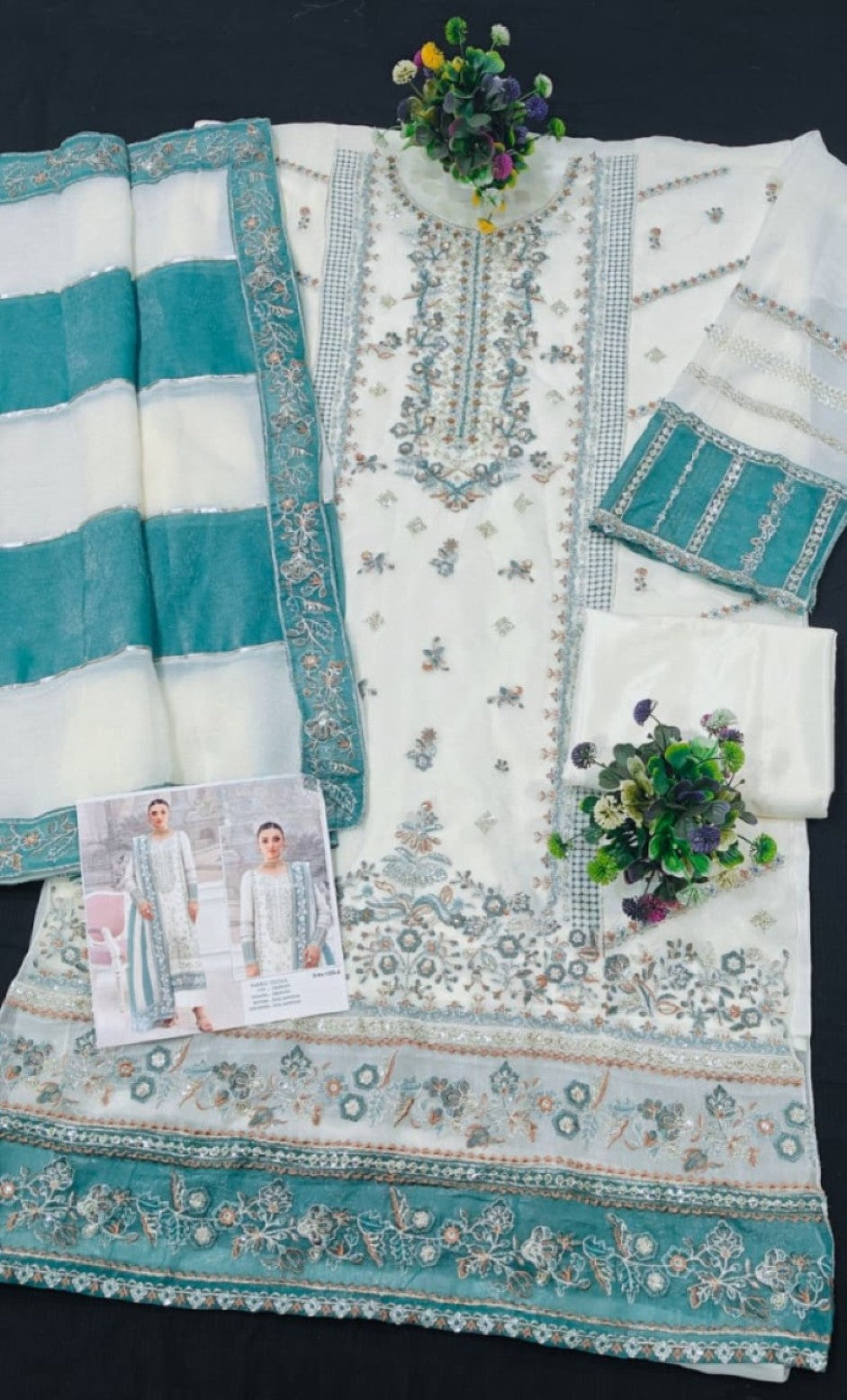 Anaita White Silk Suit with Embroidery & Khatli Work