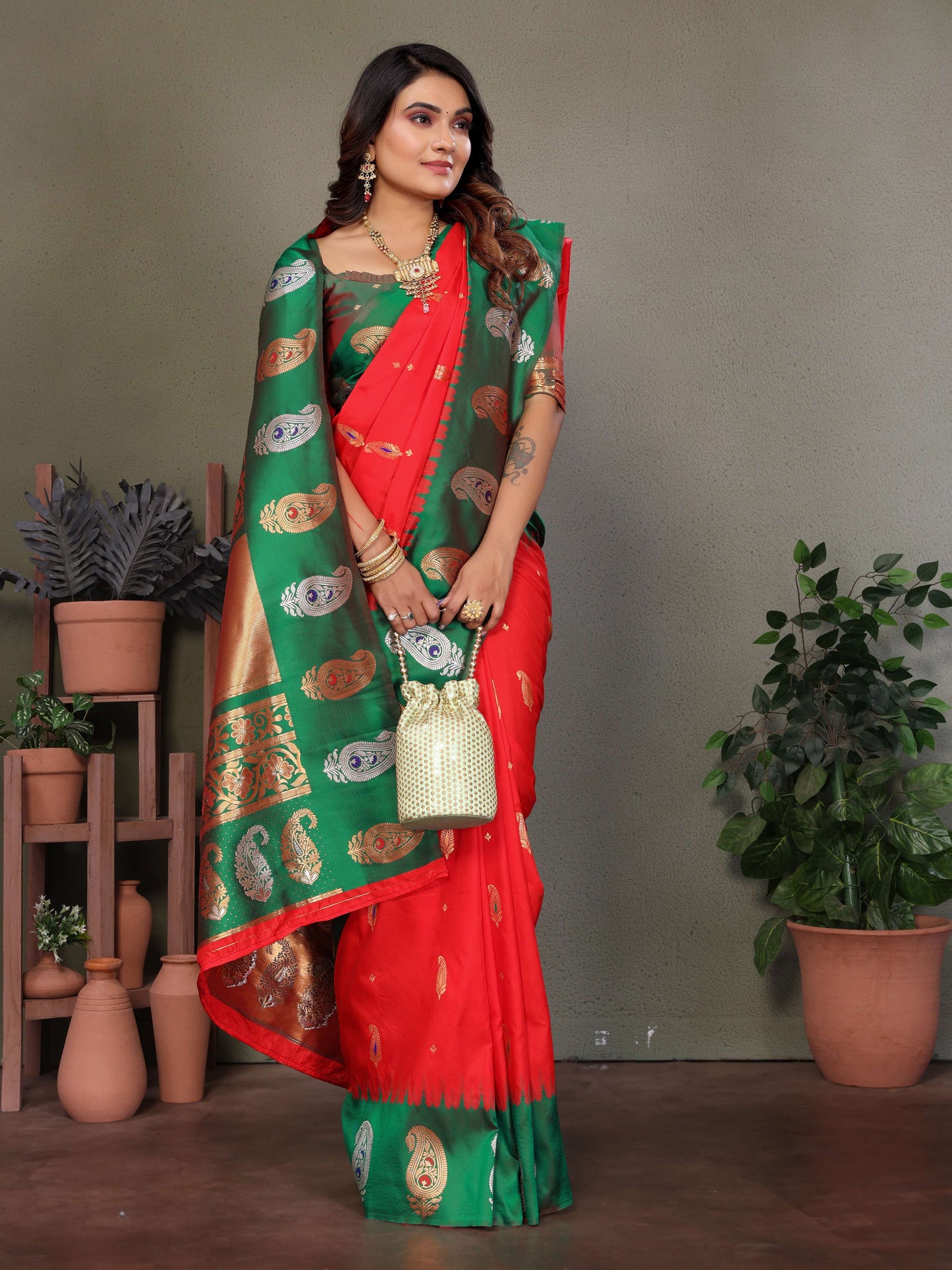 Sonakshi Women's Red Banarasi Silk Zari Woven Traditional Saree with Blouse