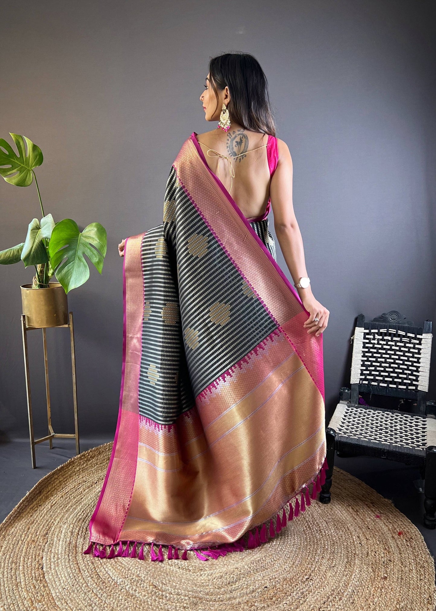 Sonakshi Women's Black Banarasi Silk Zari Woven Traditional Saree with Blouse