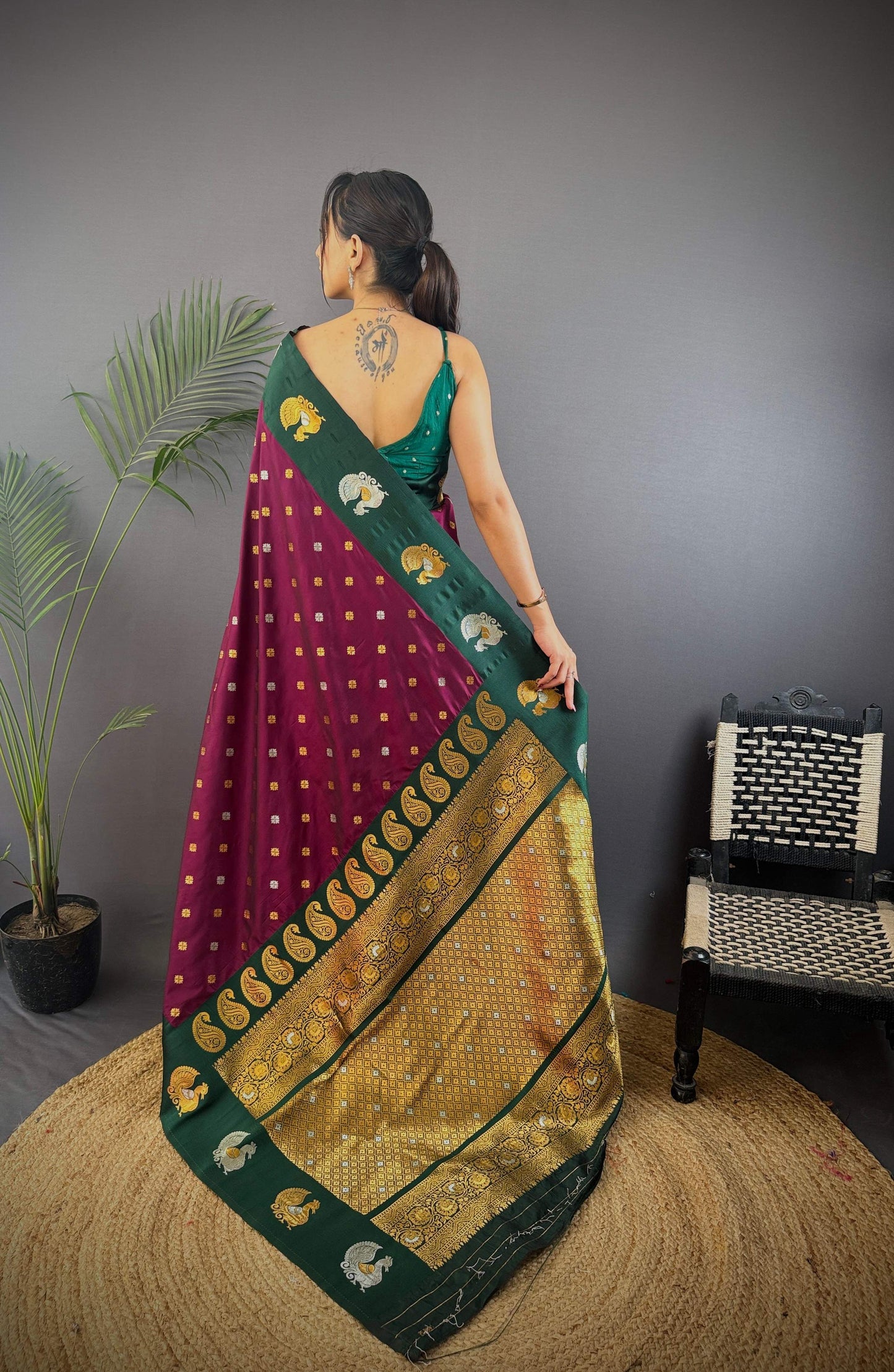 Sonakshi Women's Wine Banarasi Silk Zari Weaving Saree with Blouse