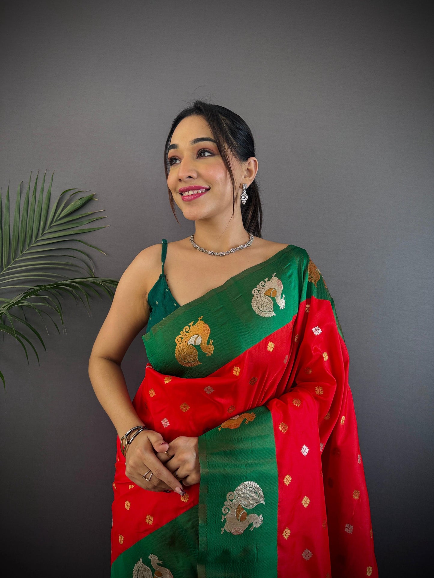 Sonakshi Women's Red Banarasi Silk Zari Weaving Saree with Blouse