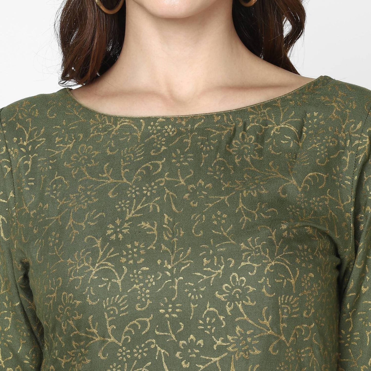 Cheera Hand Block Print Olive Green & Skin Color Straight Kurta With Palazzo (MAAI-083K)