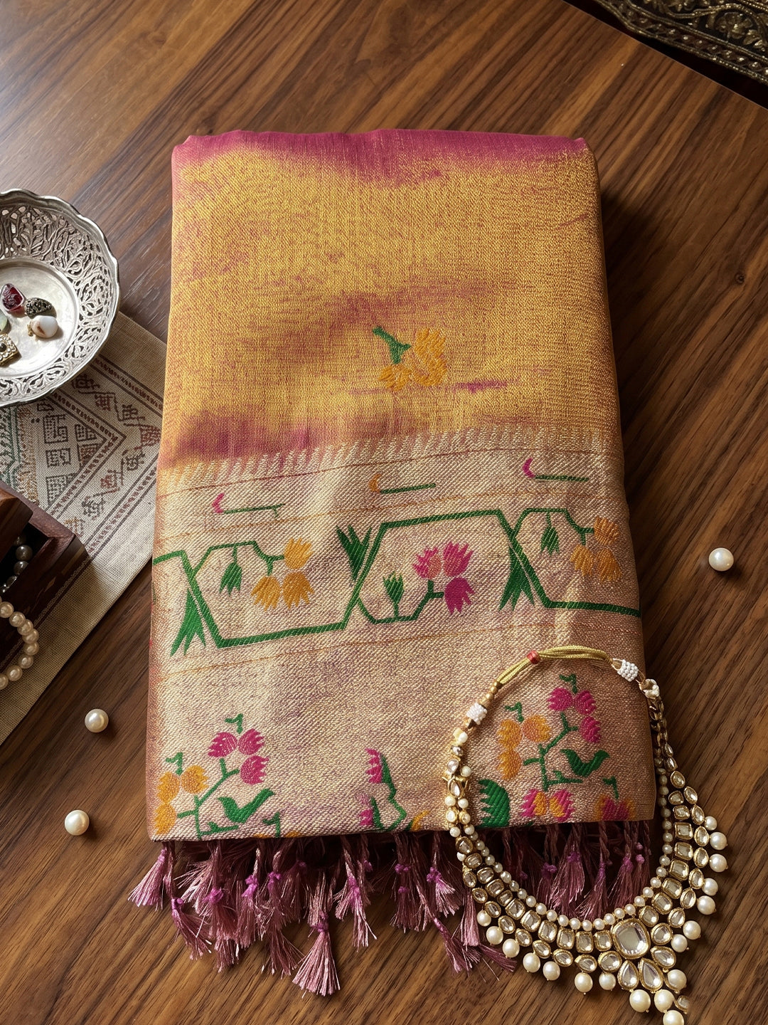Shree Shyam Fashion Rose Pink Woven Work Tissue Silk Fabric Festive Wear Saree With Blouse
