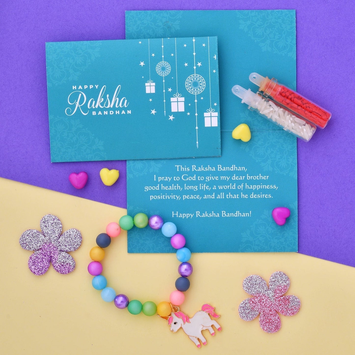 trueBrowns X Voylla Pink Unicorn Kids Convertible Rakhi with Colorful Beads