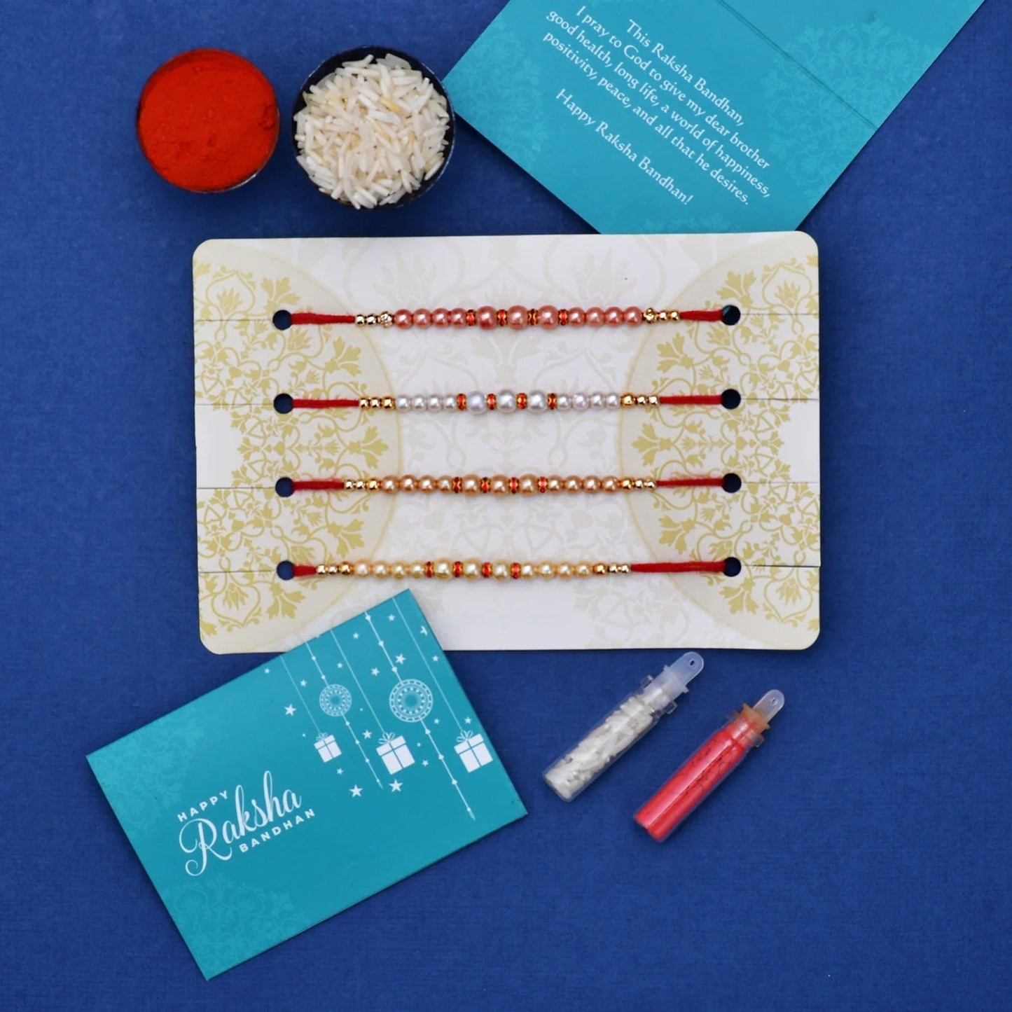 trueBrowns X Voylla Set of 4 Pearl Beads Embellished Flamboyant Rakhi