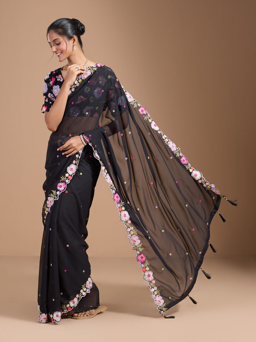 Vamika Embroidery Black Georgette Bollywood Saree