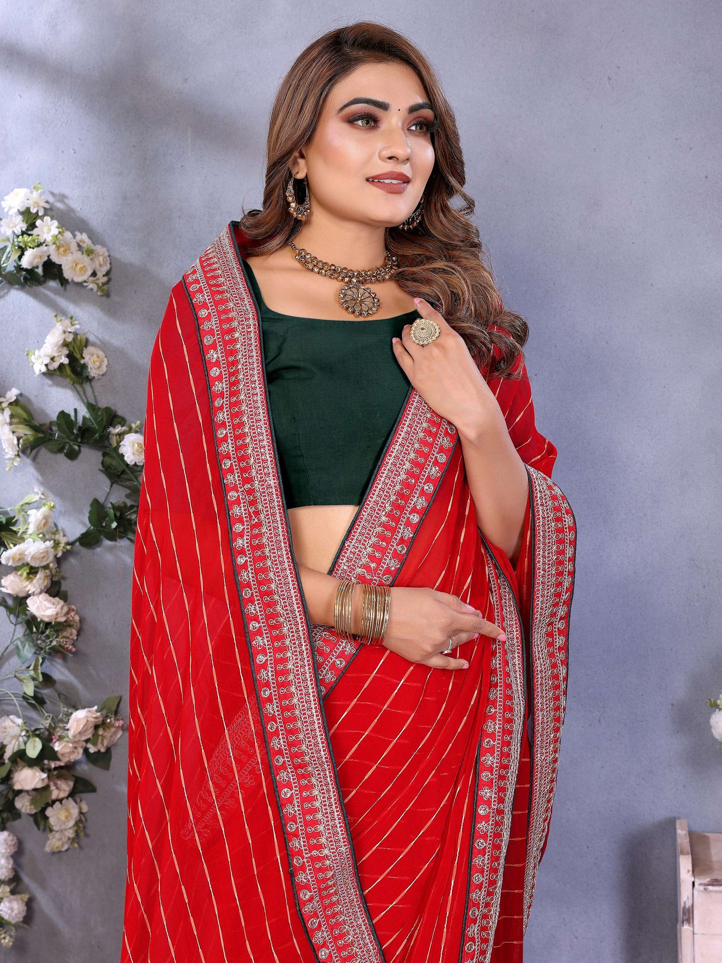 Vedant Vastram Georgette Embroidered & Sequin work Bollywood Fancy Saree - Red