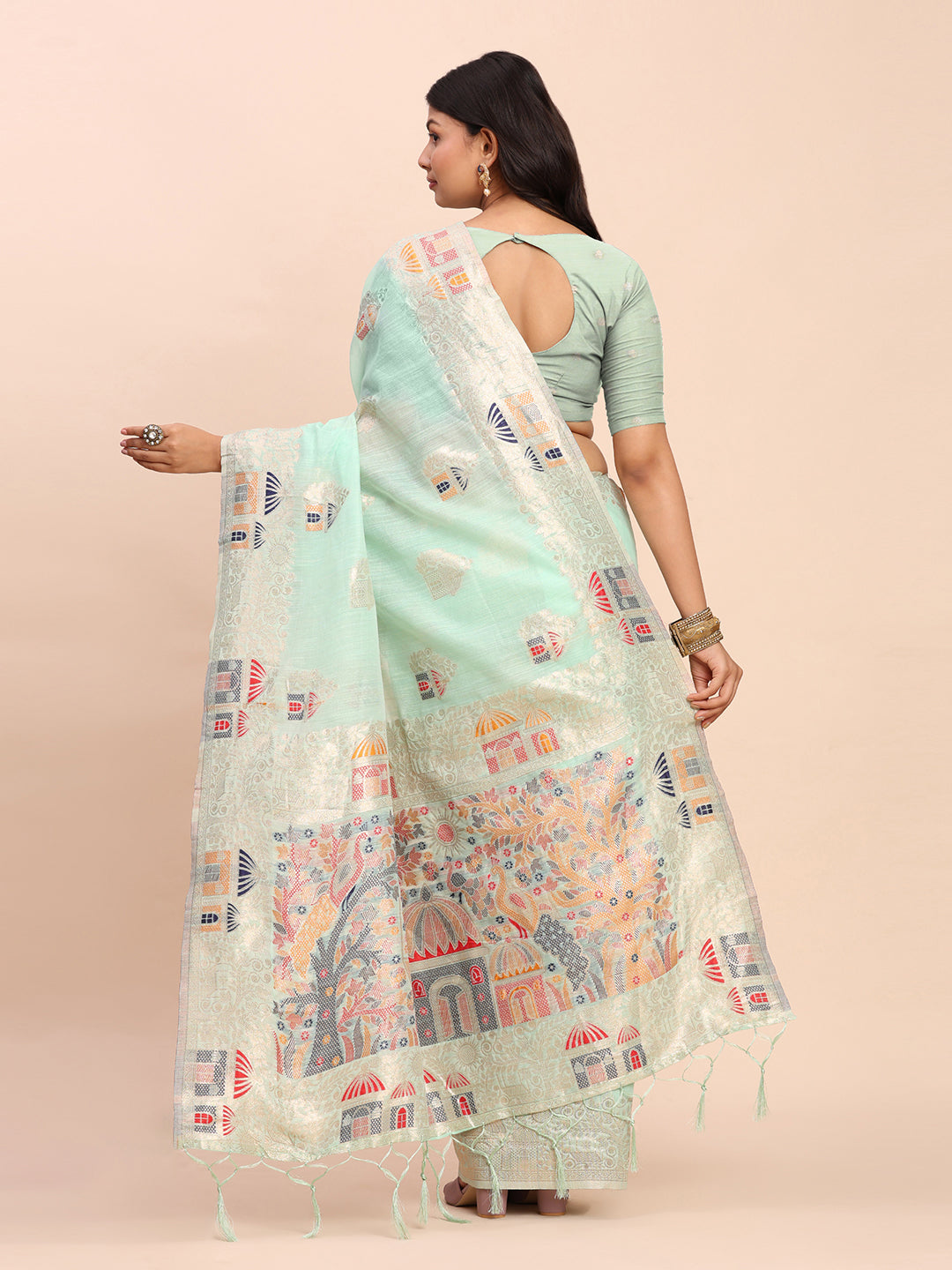 Anaita Sky Blue Linen Woven Work Saree With Blouse