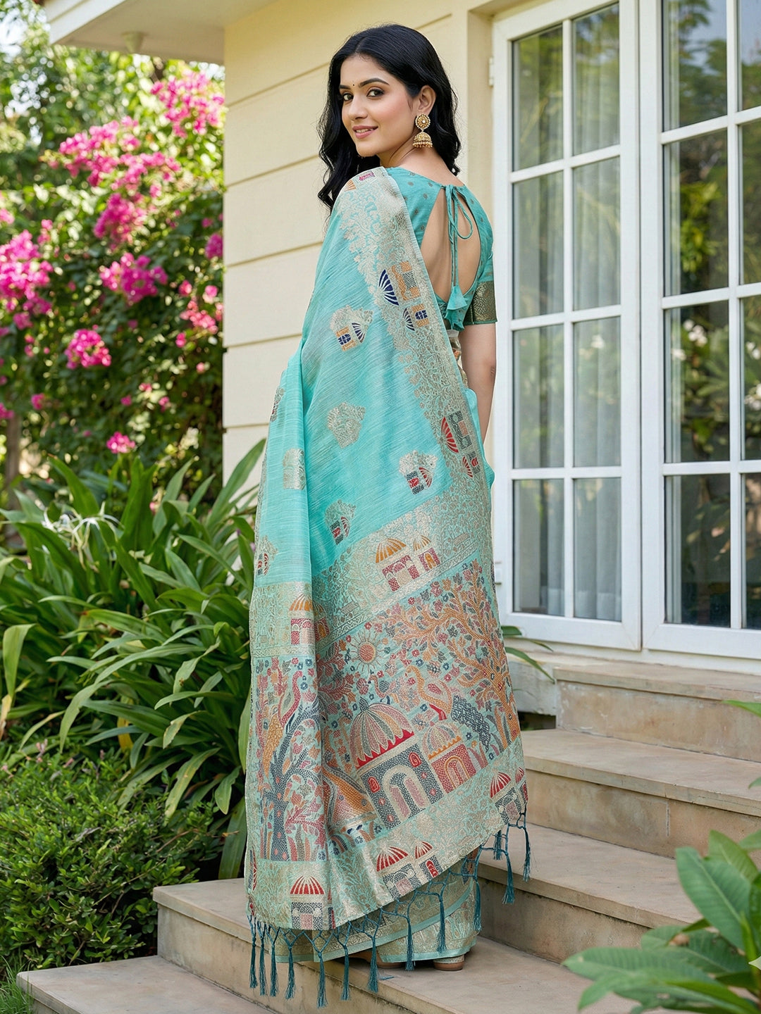 Anaita Sky Blue Linen Woven Work Saree With Blouse