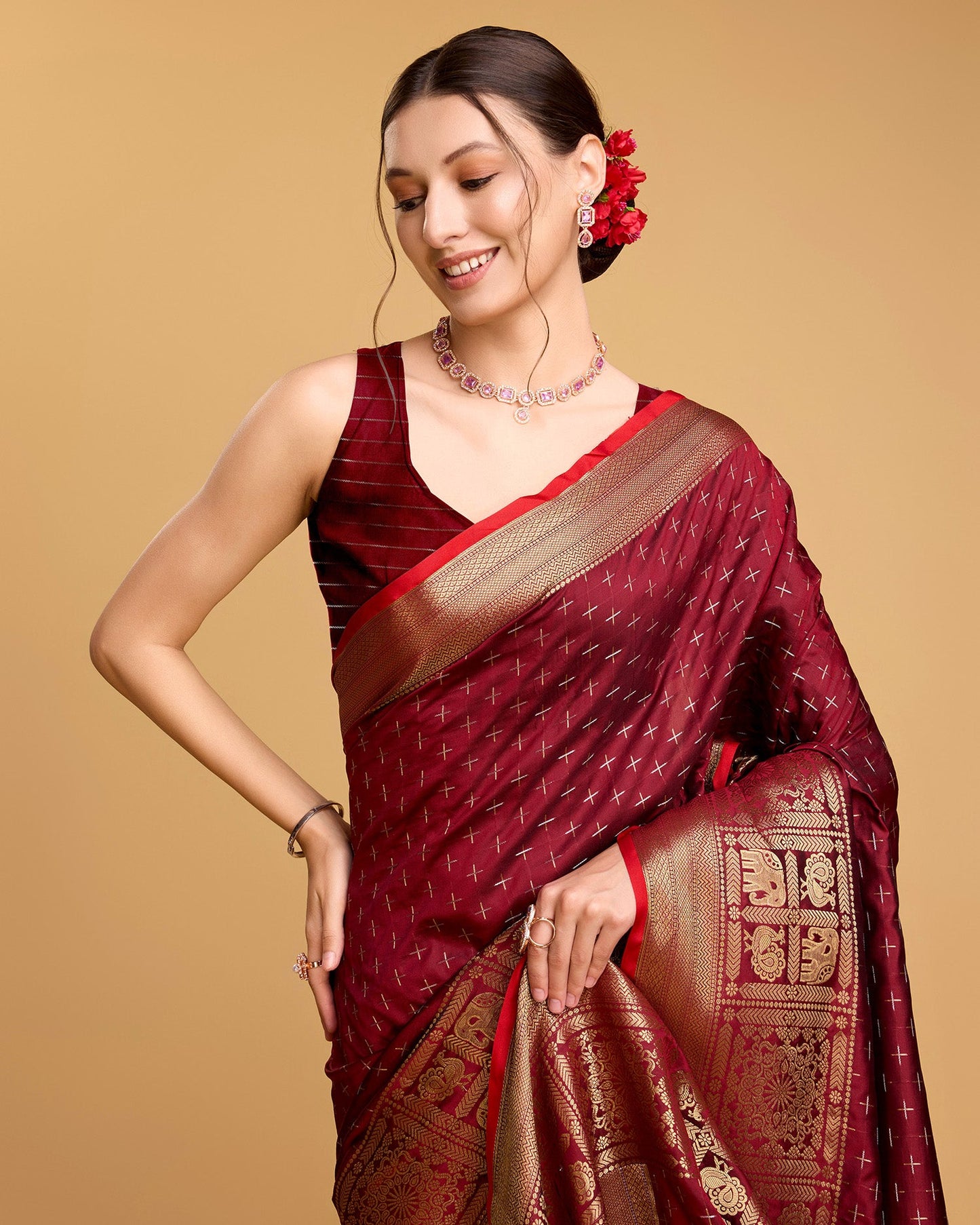 Vedant Vastram Soft Litchi Silk Banarasi Silk Saree - Maroon
