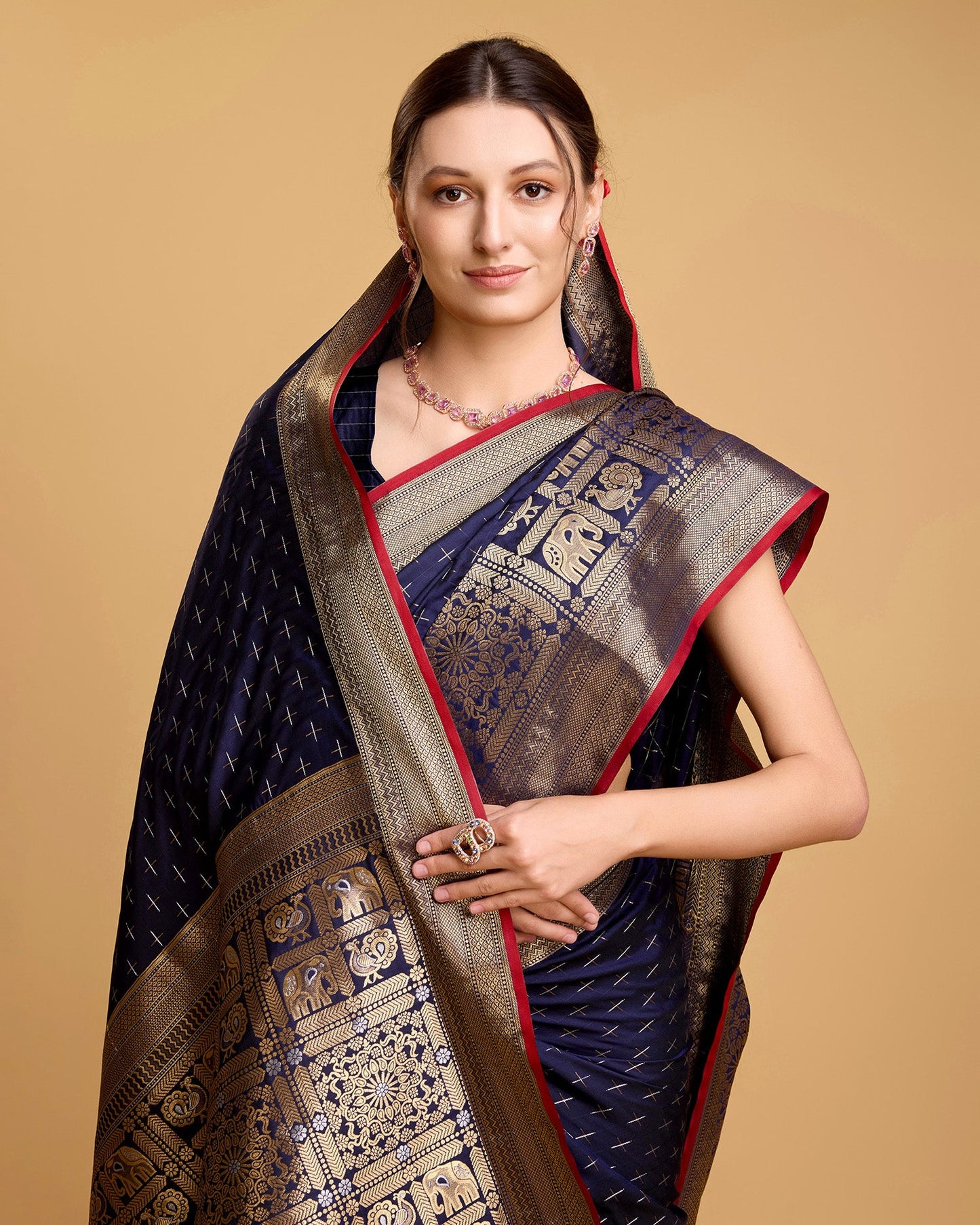 Vedant Vastram Soft Litchi Silk Banarasi Silk Saree - Navy
