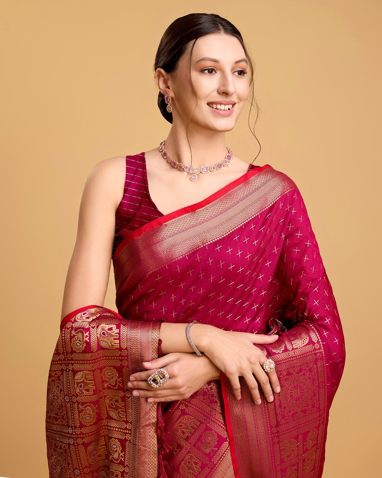 Vedant Vastram Soft Litchi Silk Banarasi Silk Saree - Rani