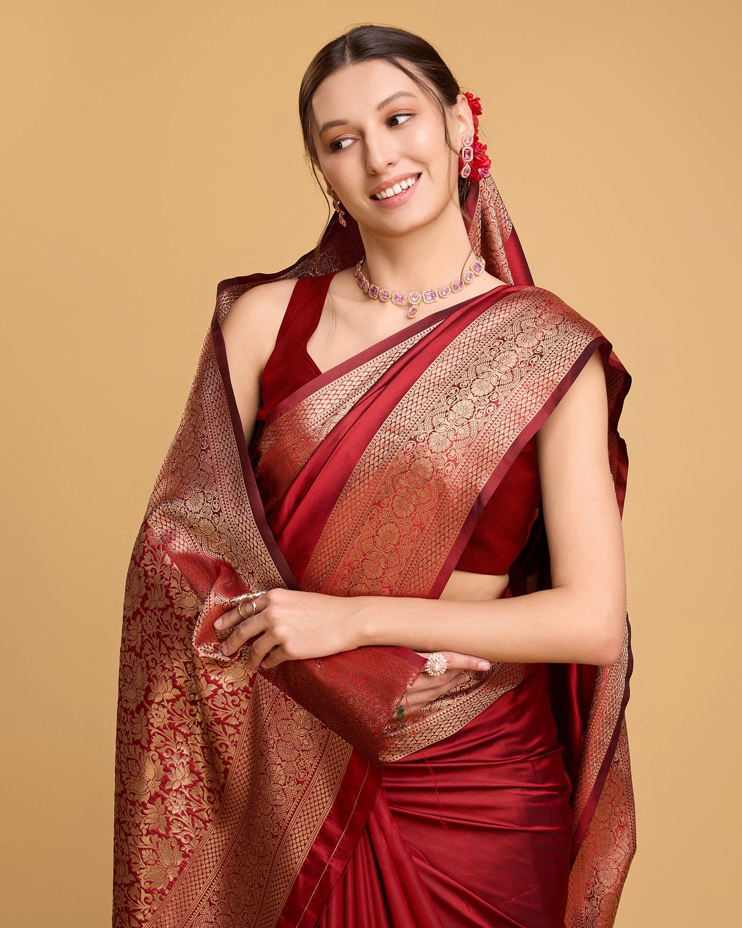 Vedant Vastram Soft Litchi Silk Banarasi Silk Saree - Red