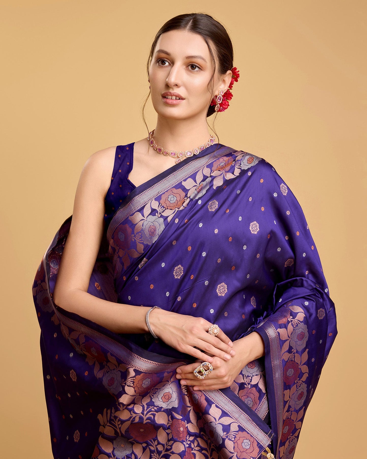 Vedant Vastram Soft Litchi Silk Banarasi Silk Saree - Violet